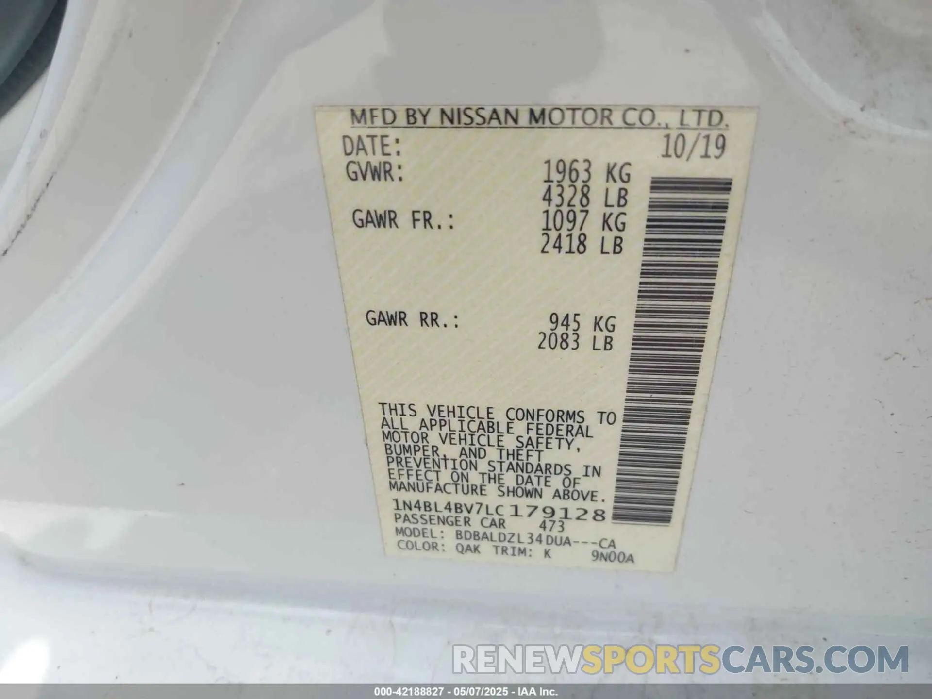 9 Photograph of a damaged car 1N4BL4BV7LC179128 NISSAN ALTIMA 2020