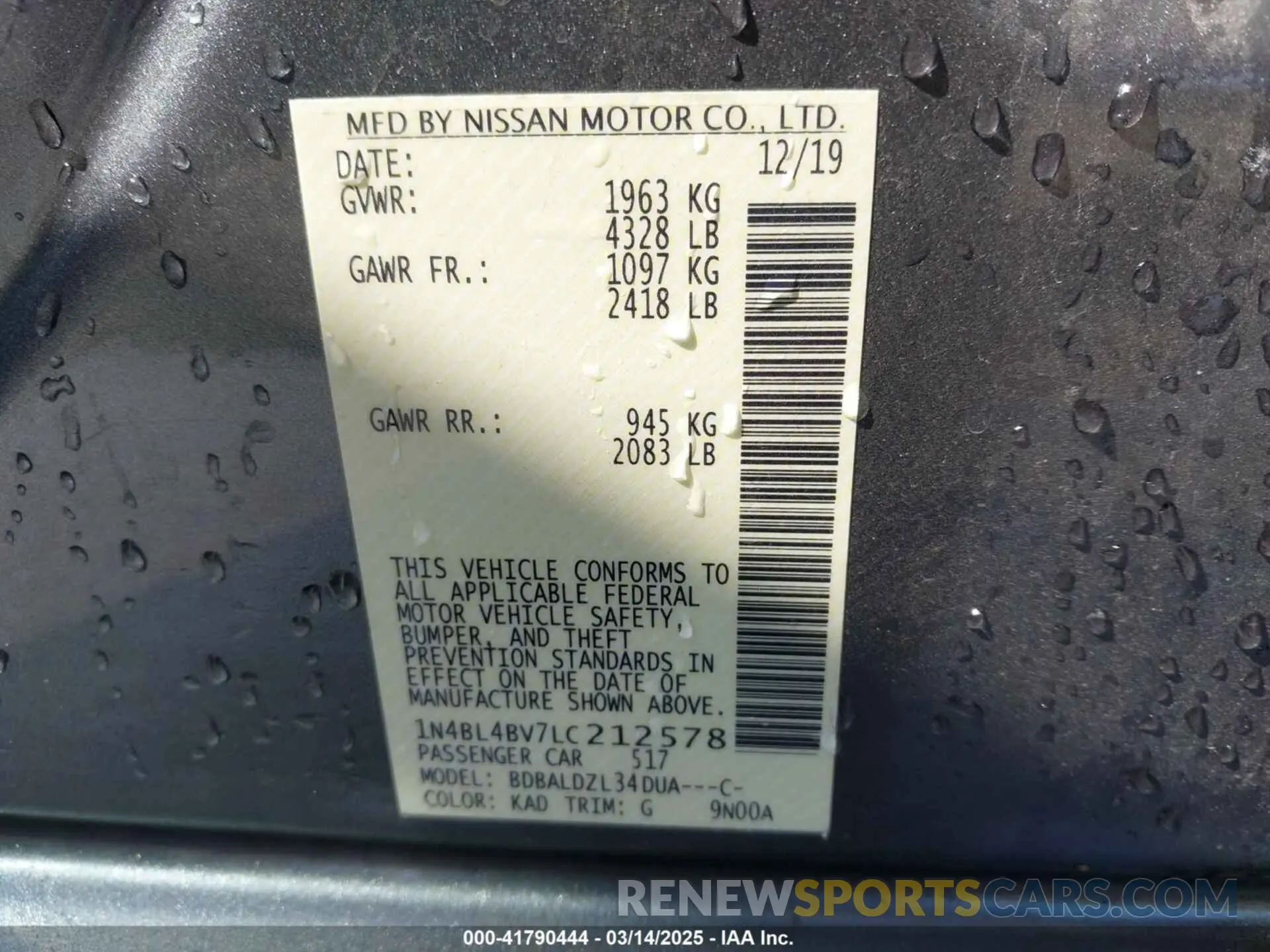 9 Photograph of a damaged car 1N4BL4BV7LC212578 NISSAN ALTIMA 2020
