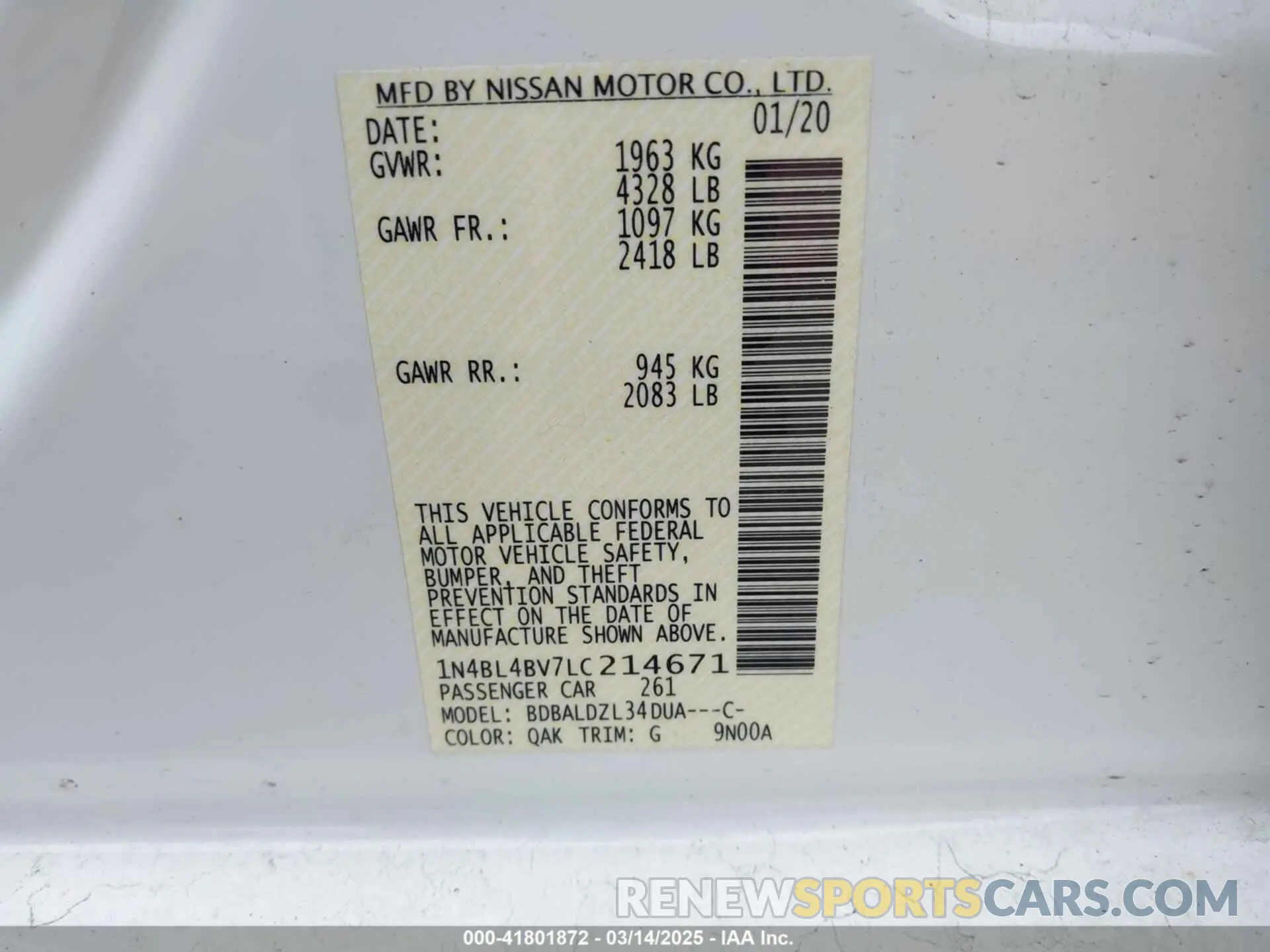9 Photograph of a damaged car 1N4BL4BV7LC214671 NISSAN ALTIMA 2020