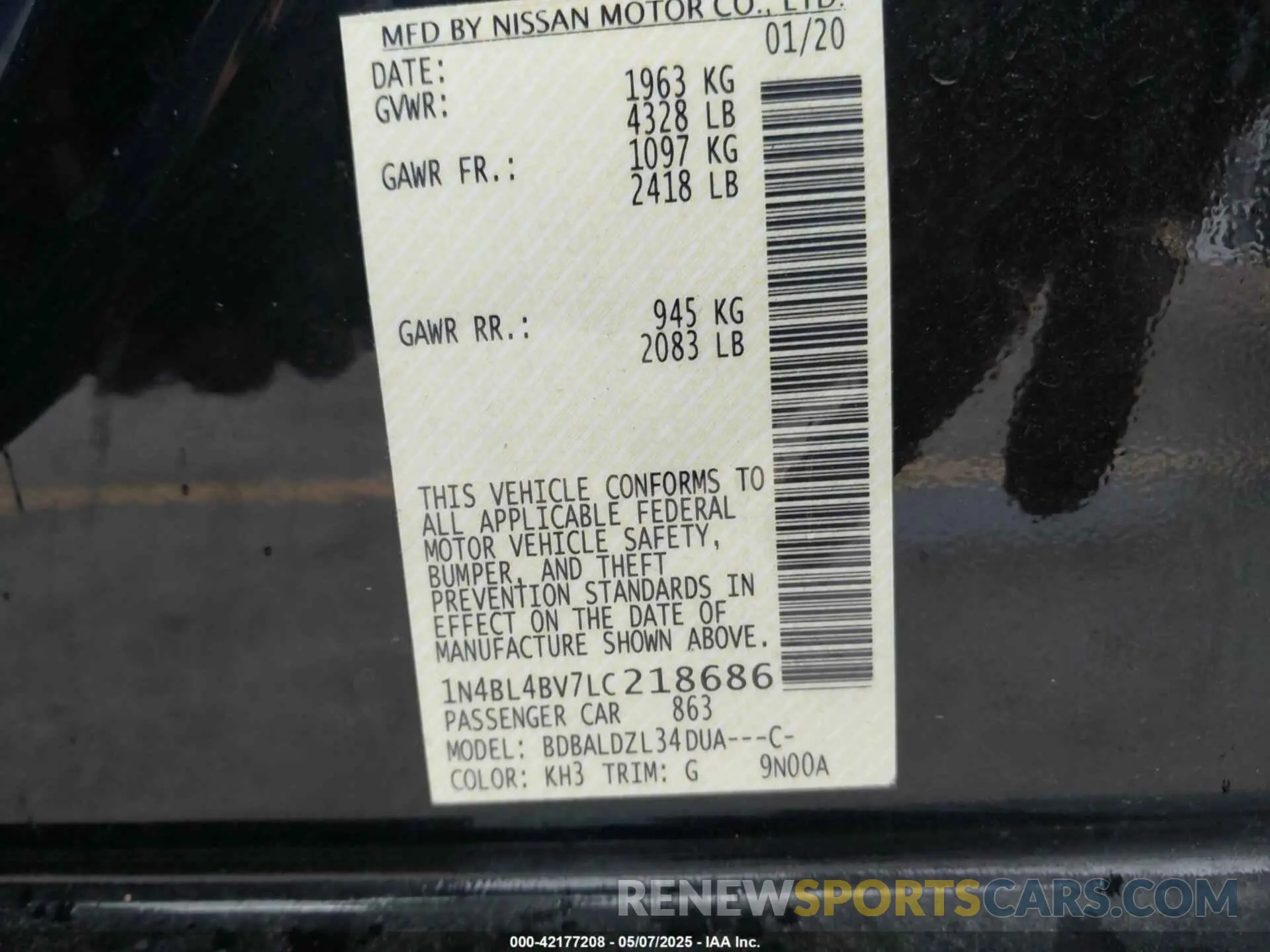 9 Photograph of a damaged car 1N4BL4BV7LC218686 NISSAN ALTIMA 2020
