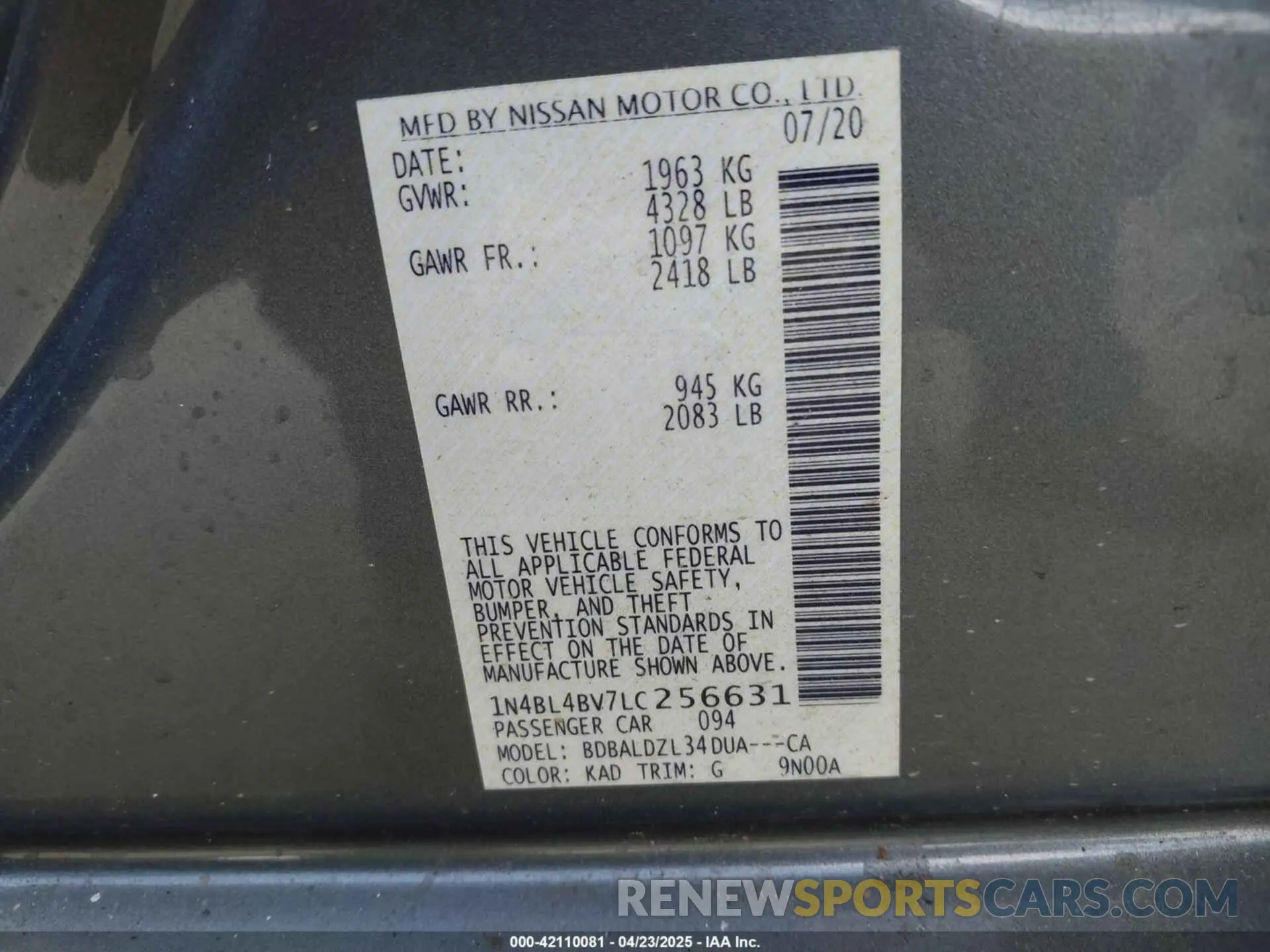 9 Photograph of a damaged car 1N4BL4BV7LC256631 NISSAN ALTIMA 2020