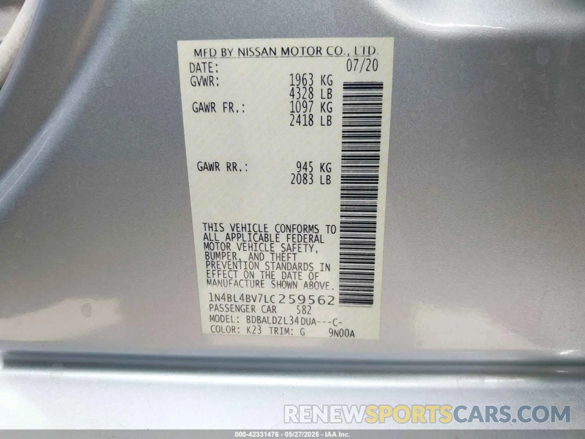 9 Photograph of a damaged car 1N4BL4BV7LC259562 NISSAN ALTIMA 2020