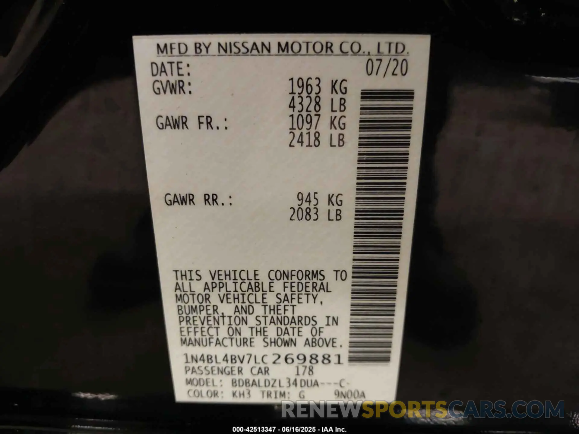 9 Photograph of a damaged car 1N4BL4BV7LC269881 NISSAN ALTIMA 2020