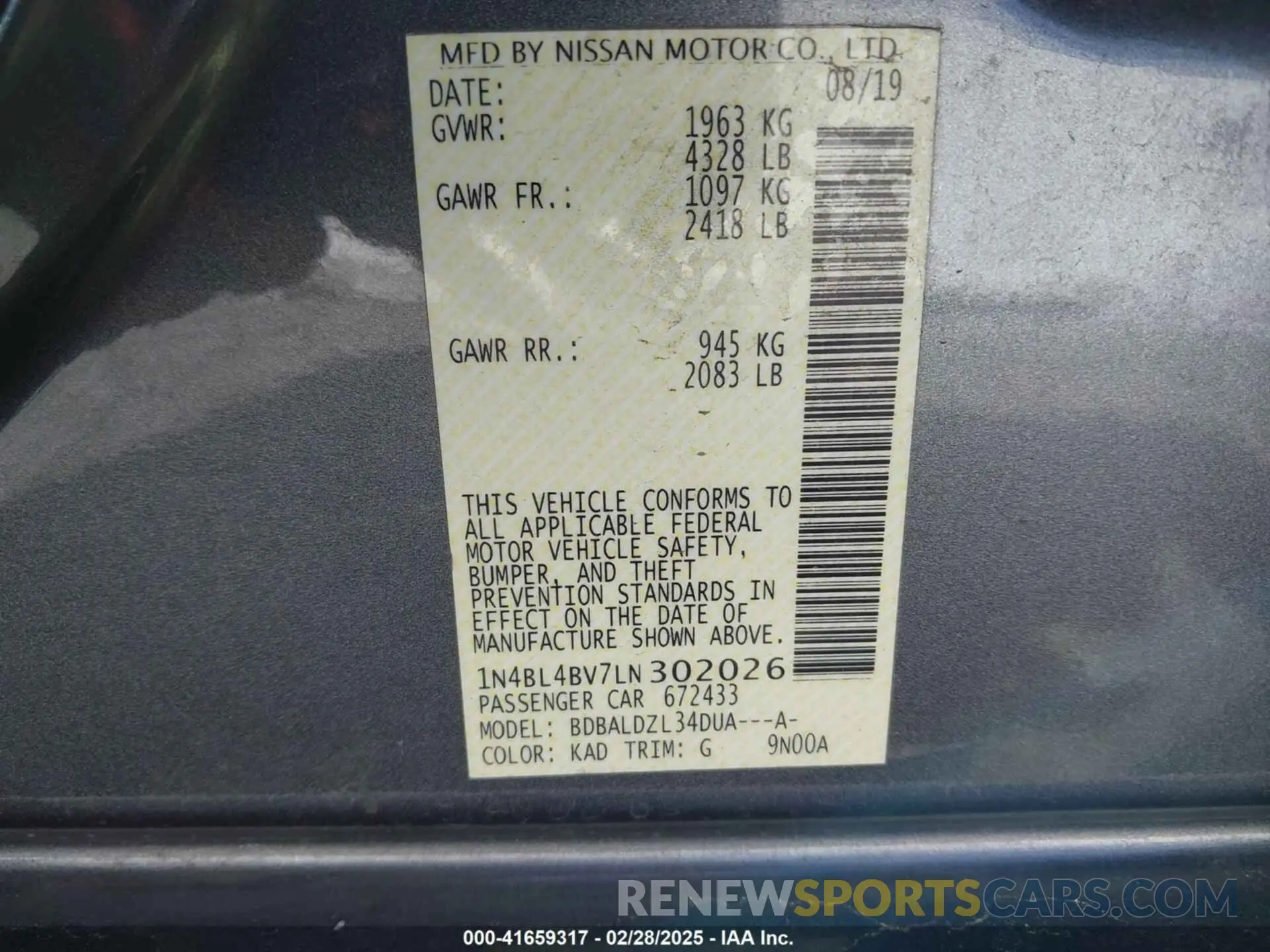 9 Photograph of a damaged car 1N4BL4BV7LN302026 NISSAN ALTIMA 2020