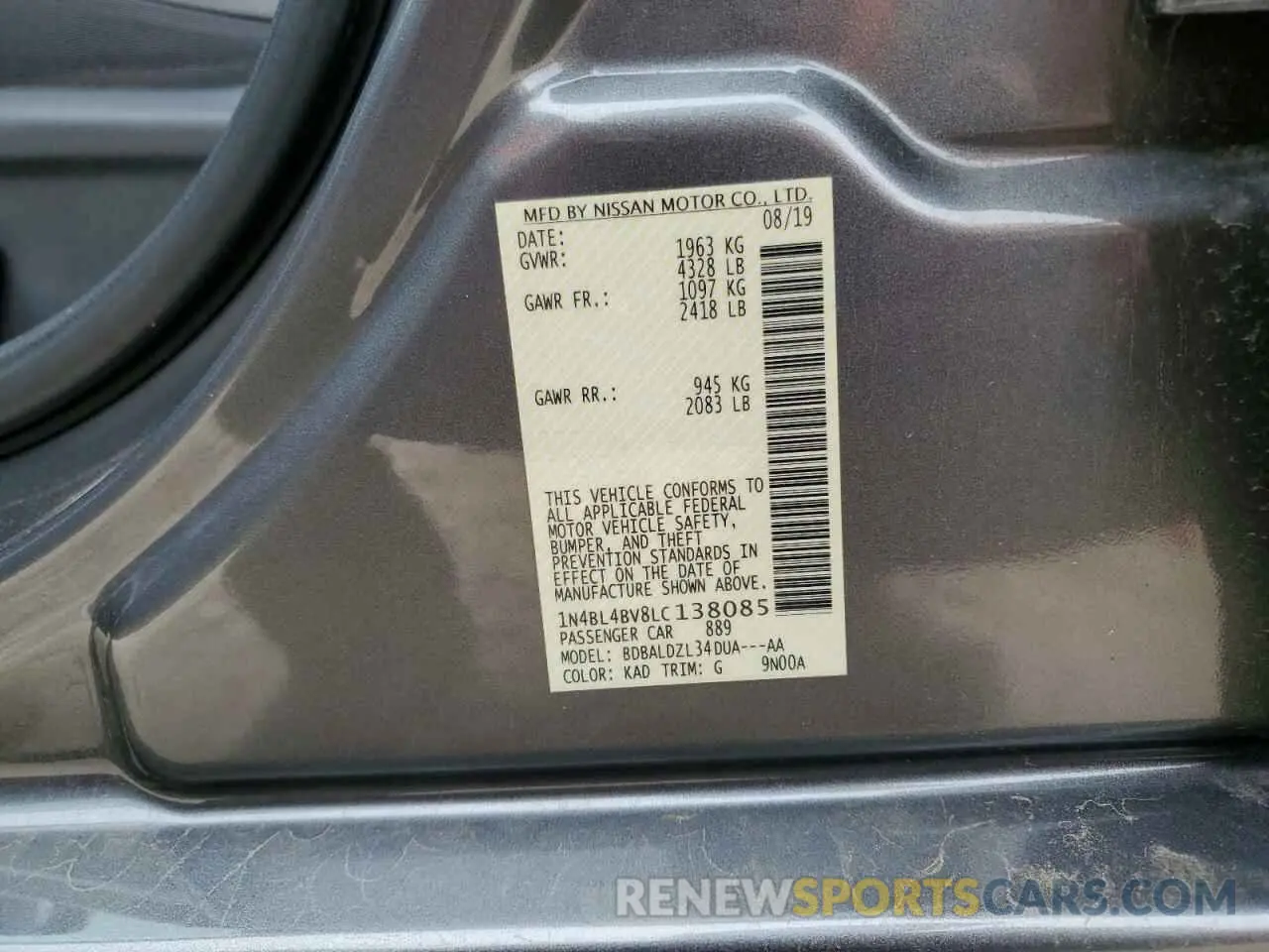 12 Photograph of a damaged car 1N4BL4BV8LC138085 NISSAN ALTIMA 2020