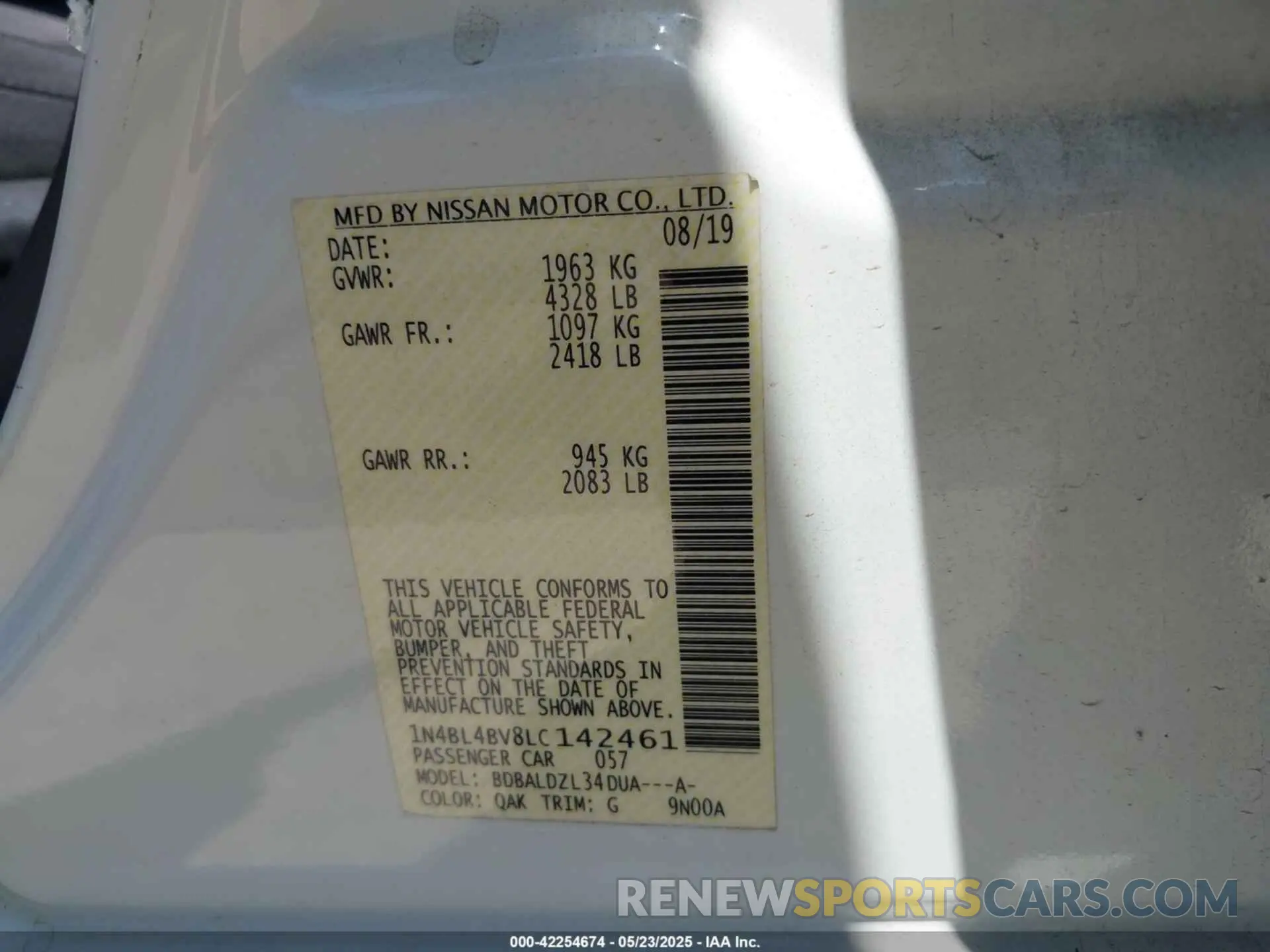 9 Photograph of a damaged car 1N4BL4BV8LC142461 NISSAN ALTIMA 2020