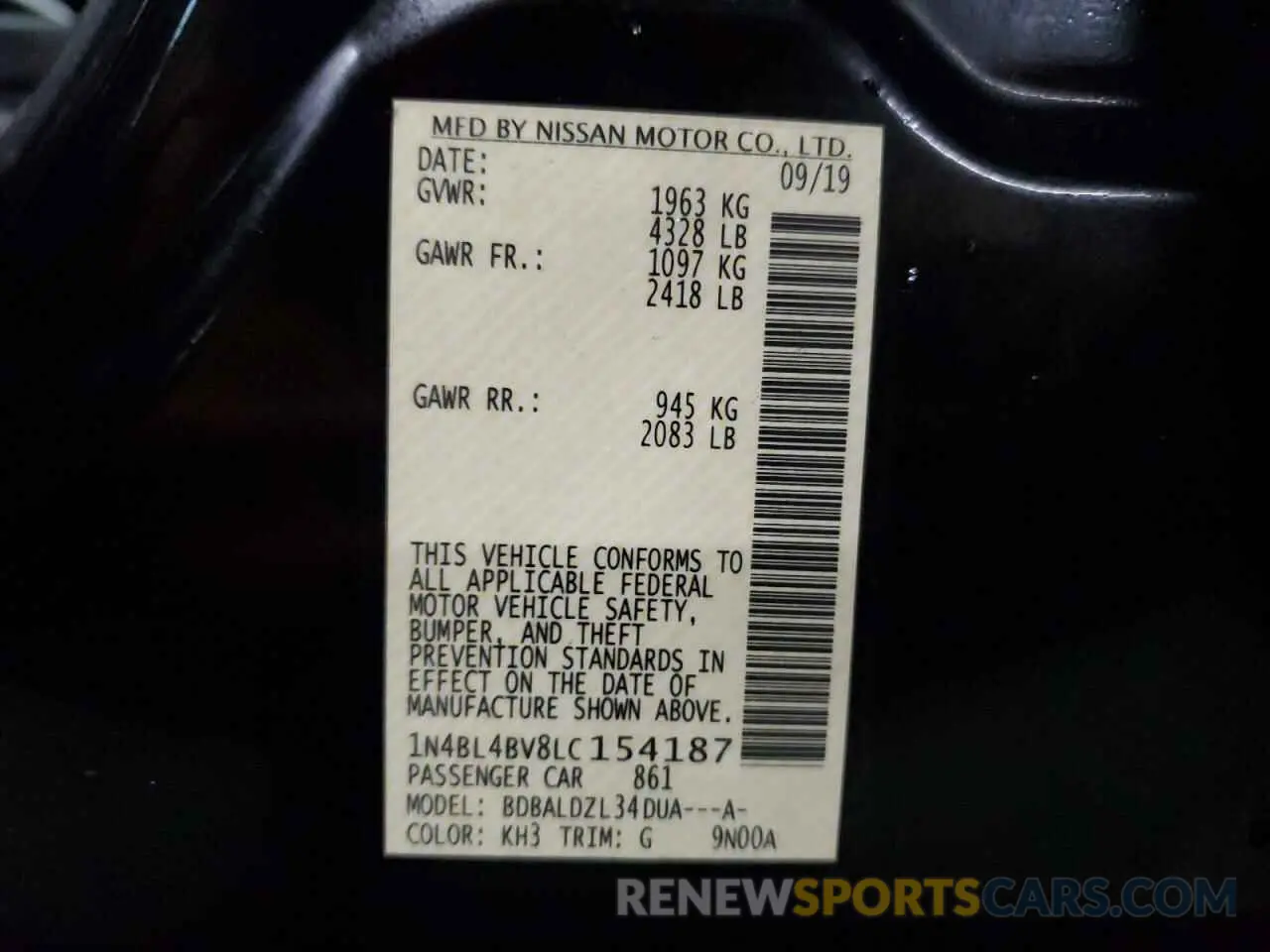 12 Photograph of a damaged car 1N4BL4BV8LC154187 NISSAN ALTIMA 2020