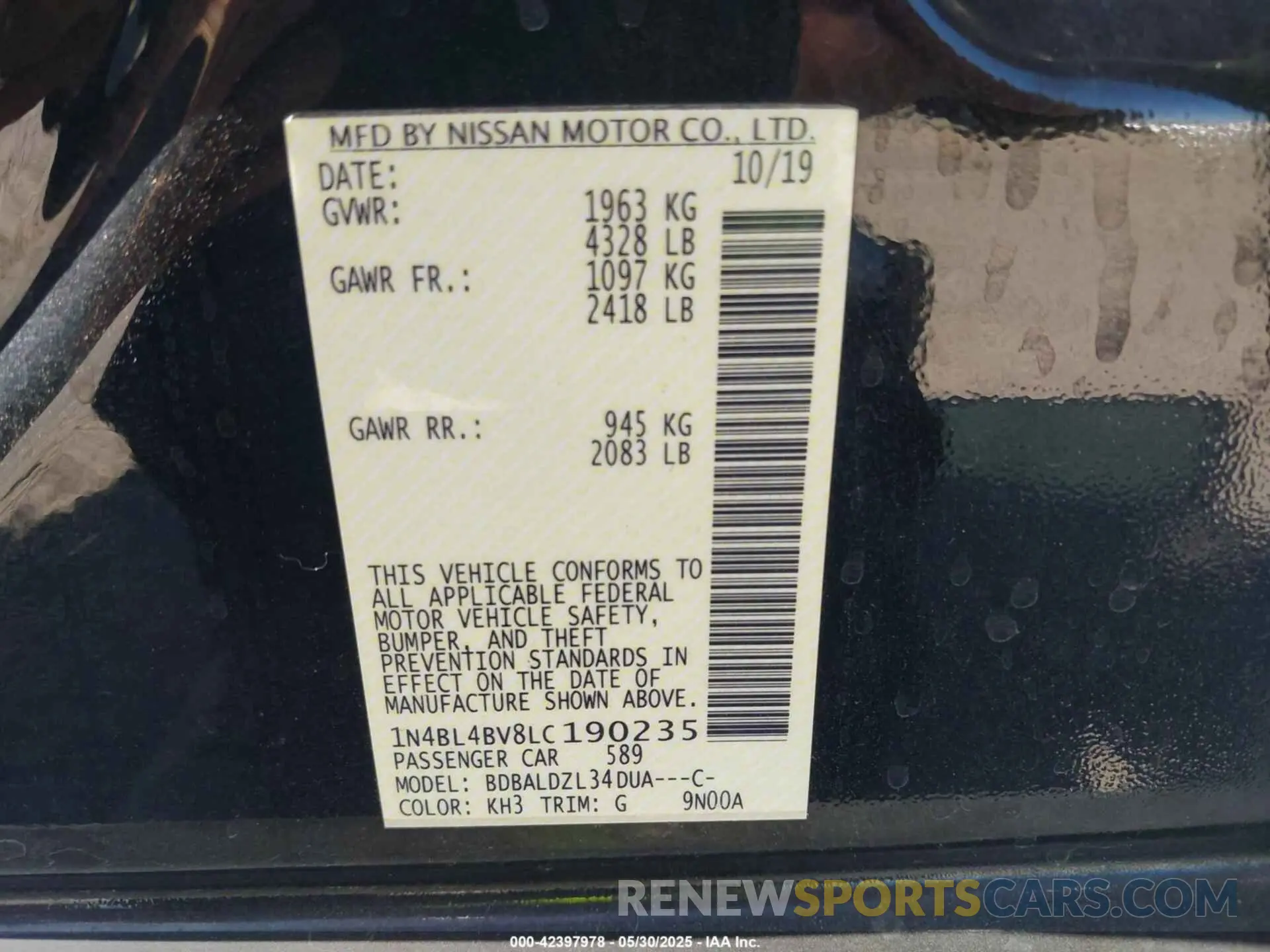 9 Photograph of a damaged car 1N4BL4BV8LC190235 NISSAN ALTIMA 2020