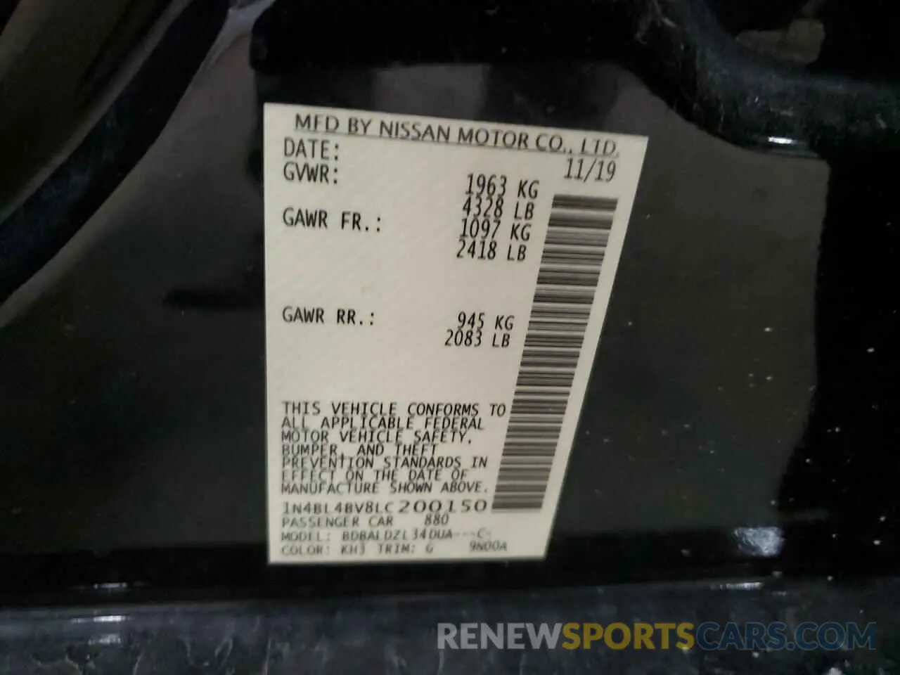 12 Photograph of a damaged car 1N4BL4BV8LC200150 NISSAN ALTIMA 2020