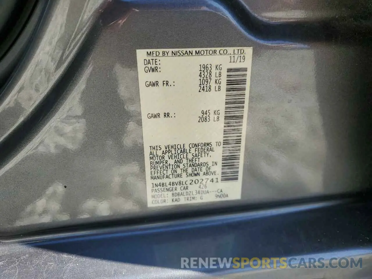 12 Photograph of a damaged car 1N4BL4BV8LC202741 NISSAN ALTIMA 2020