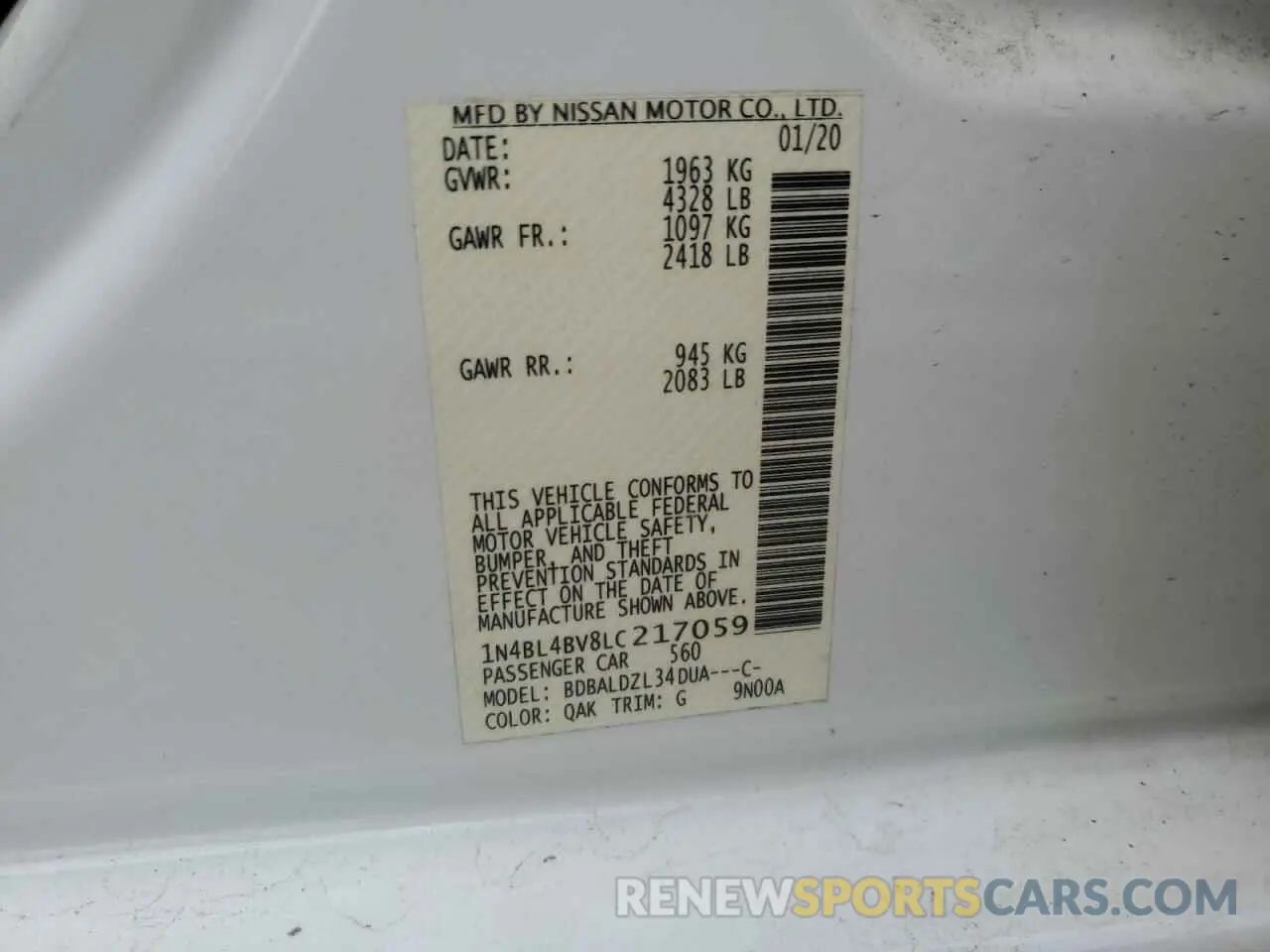 12 Photograph of a damaged car 1N4BL4BV8LC217059 NISSAN ALTIMA 2020