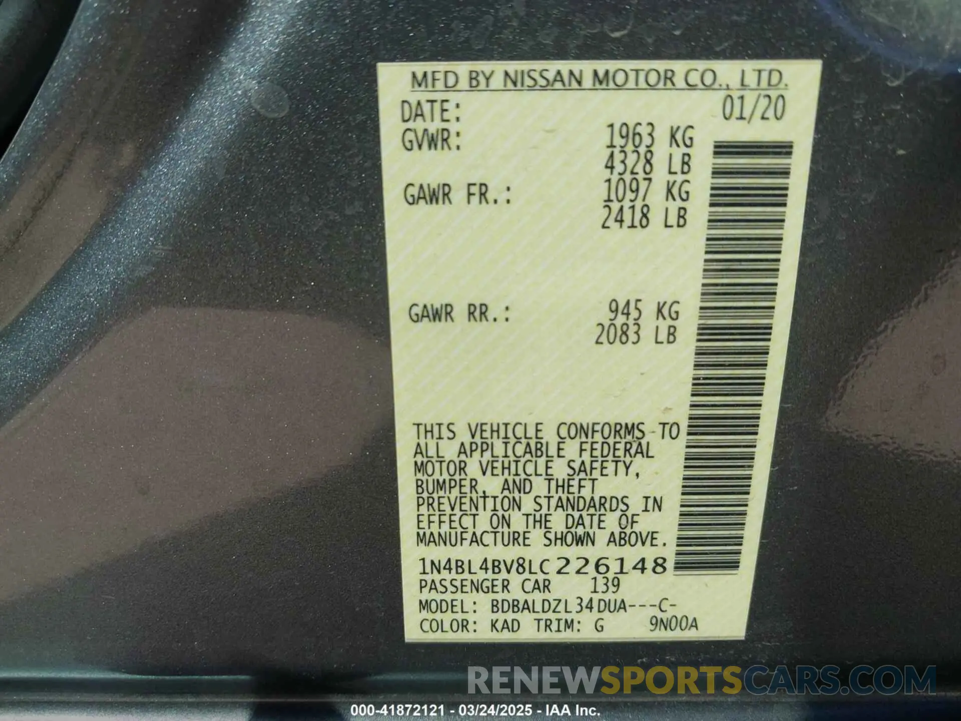 9 Photograph of a damaged car 1N4BL4BV8LC226148 NISSAN ALTIMA 2020