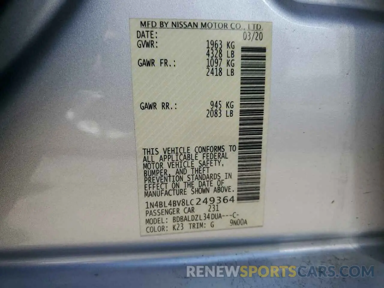 12 Photograph of a damaged car 1N4BL4BV8LC249364 NISSAN ALTIMA 2020