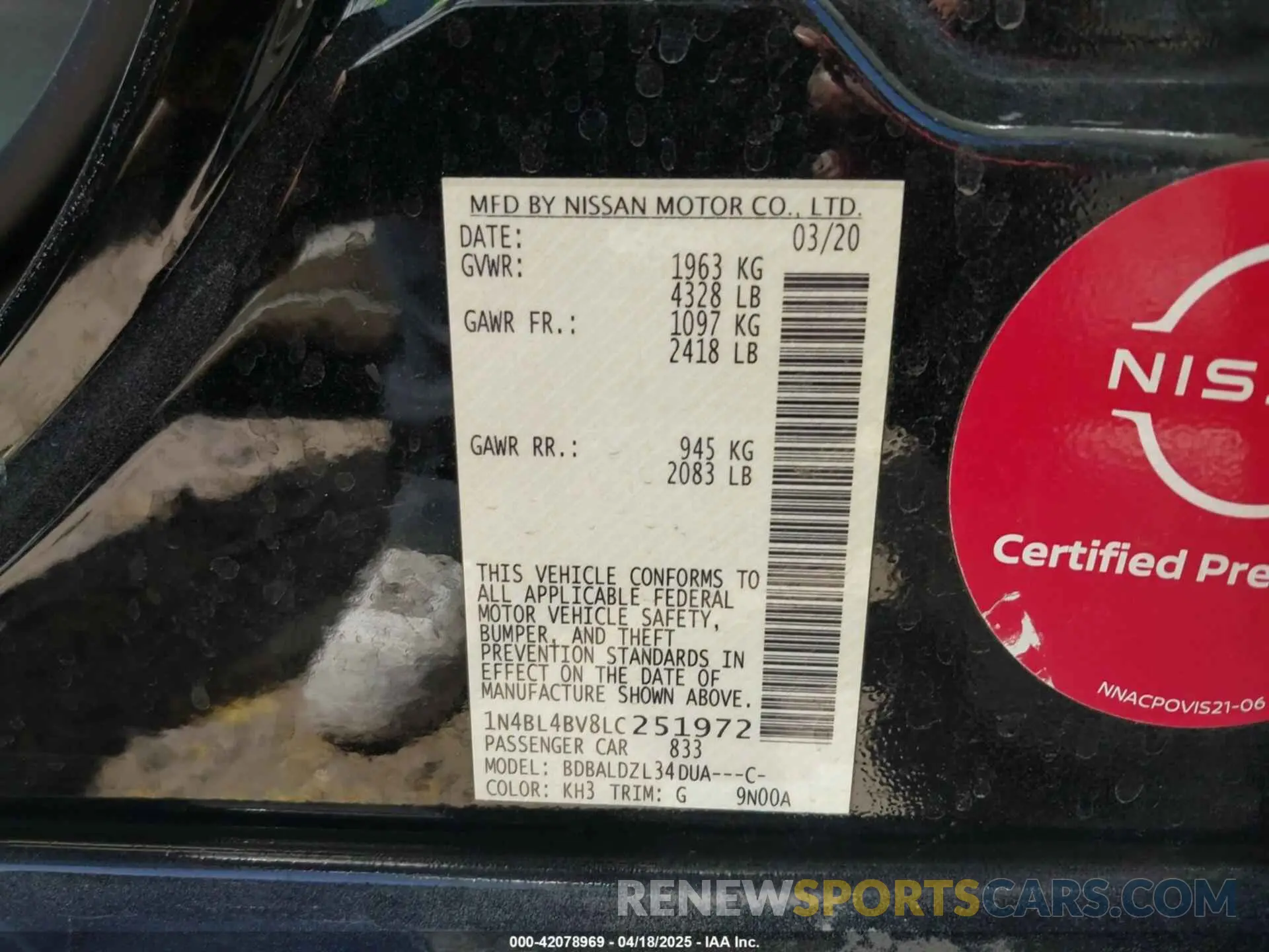 9 Photograph of a damaged car 1N4BL4BV8LC251972 NISSAN ALTIMA 2020