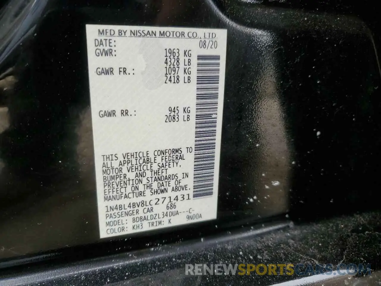 12 Photograph of a damaged car 1N4BL4BV8LC271431 NISSAN ALTIMA 2020