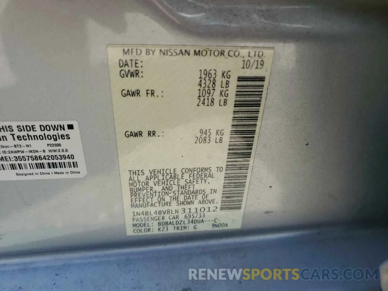 12 Photograph of a damaged car 1N4BL4BV8LN311012 NISSAN ALTIMA 2020