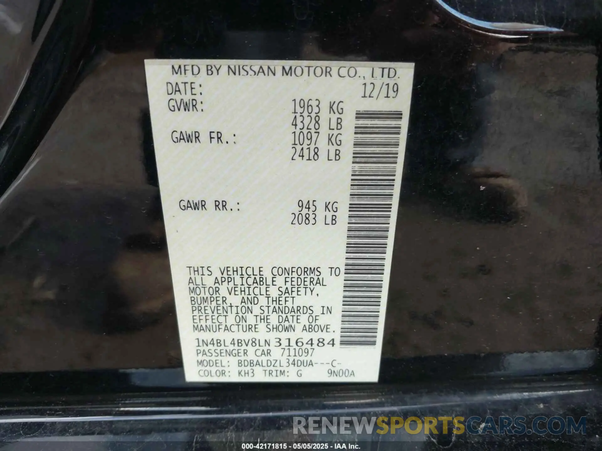 9 Photograph of a damaged car 1N4BL4BV8LN316484 NISSAN ALTIMA 2020