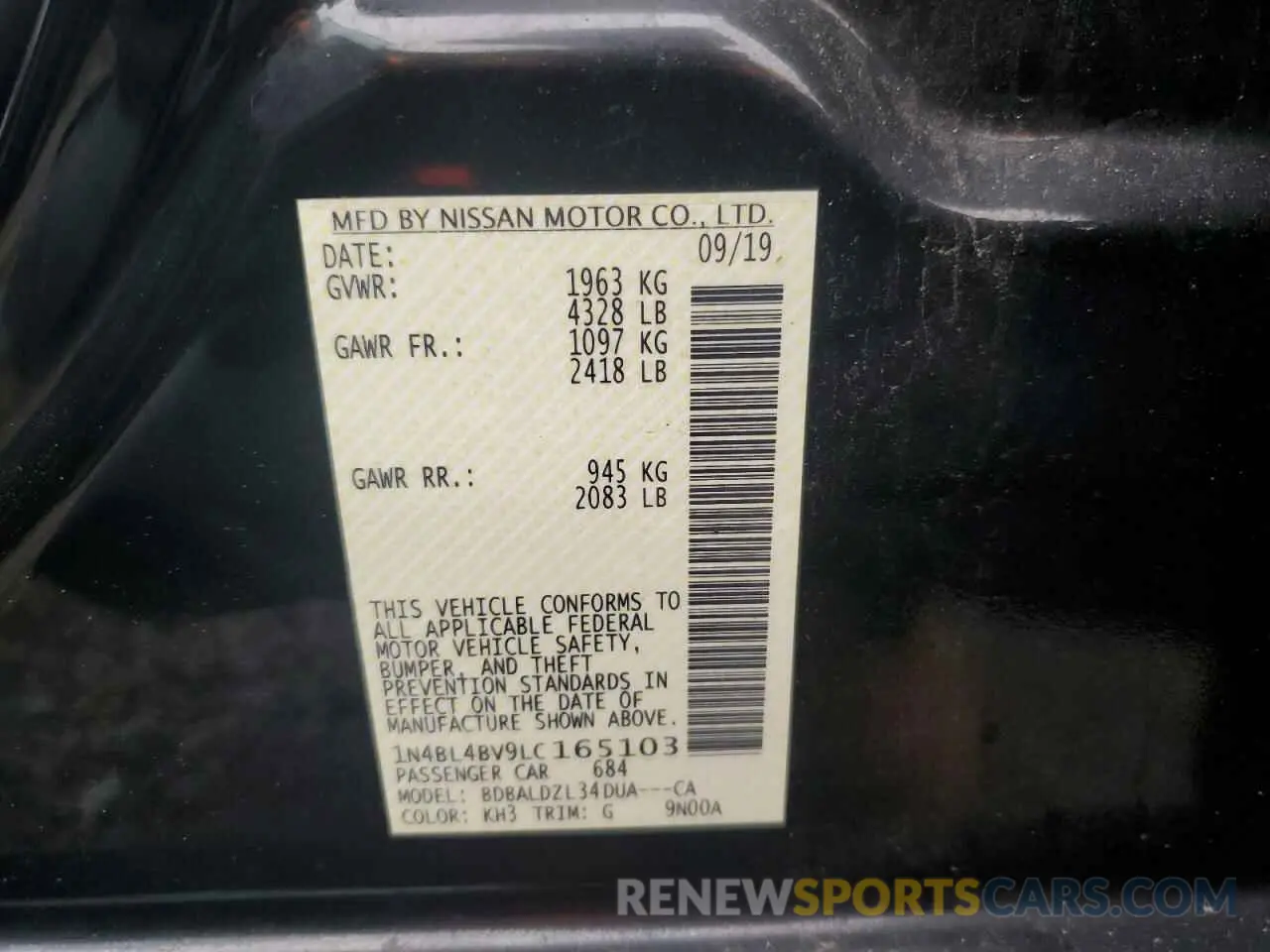 12 Photograph of a damaged car 1N4BL4BV9LC165103 NISSAN ALTIMA 2020