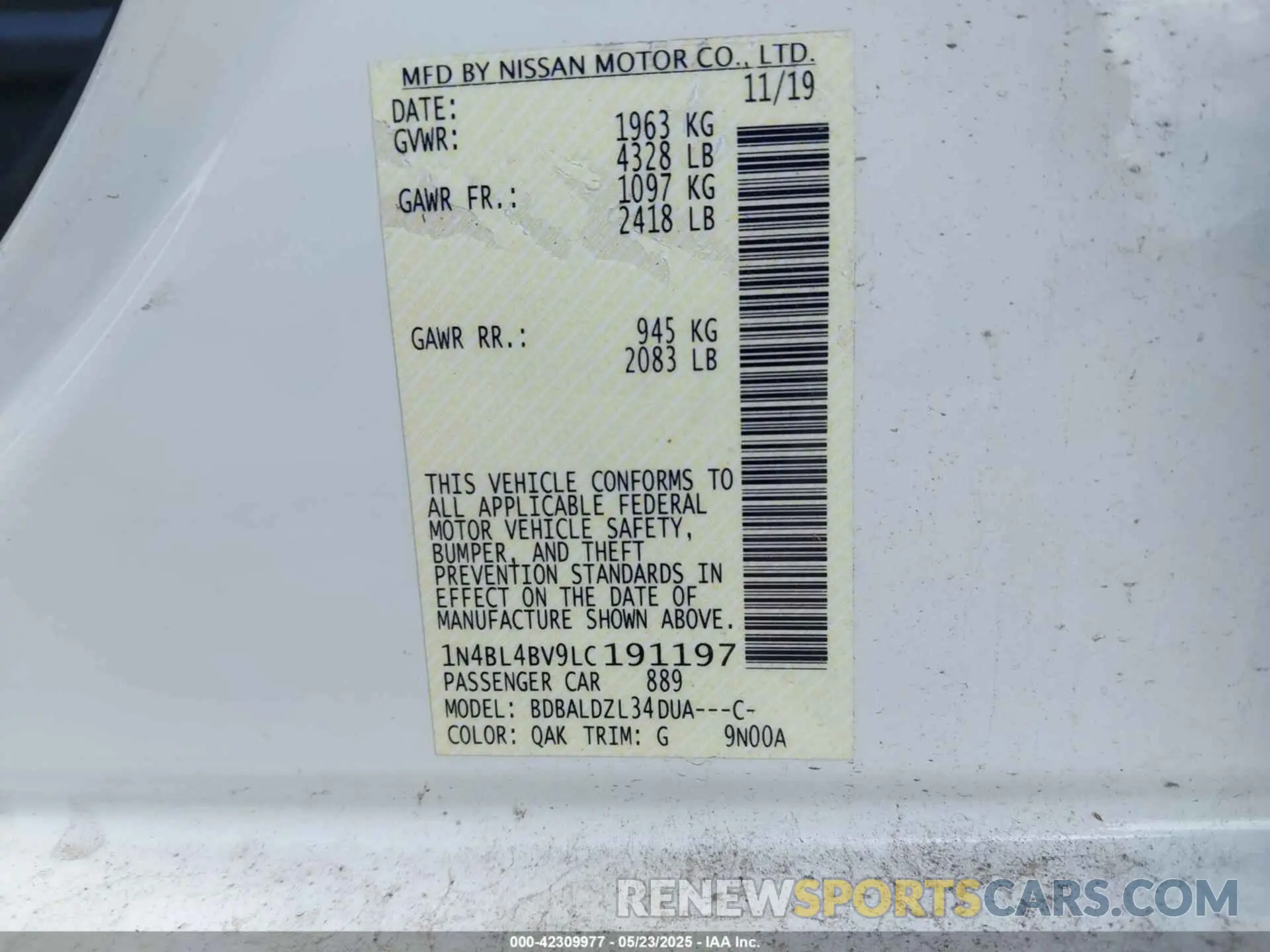 9 Photograph of a damaged car 1N4BL4BV9LC191197 NISSAN ALTIMA 2020