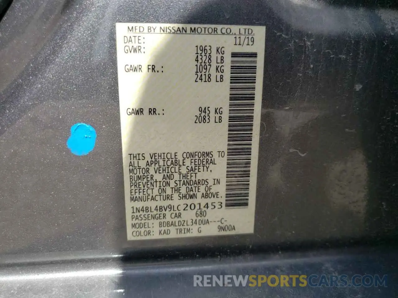 14 Photograph of a damaged car 1N4BL4BV9LC201453 NISSAN ALTIMA 2020