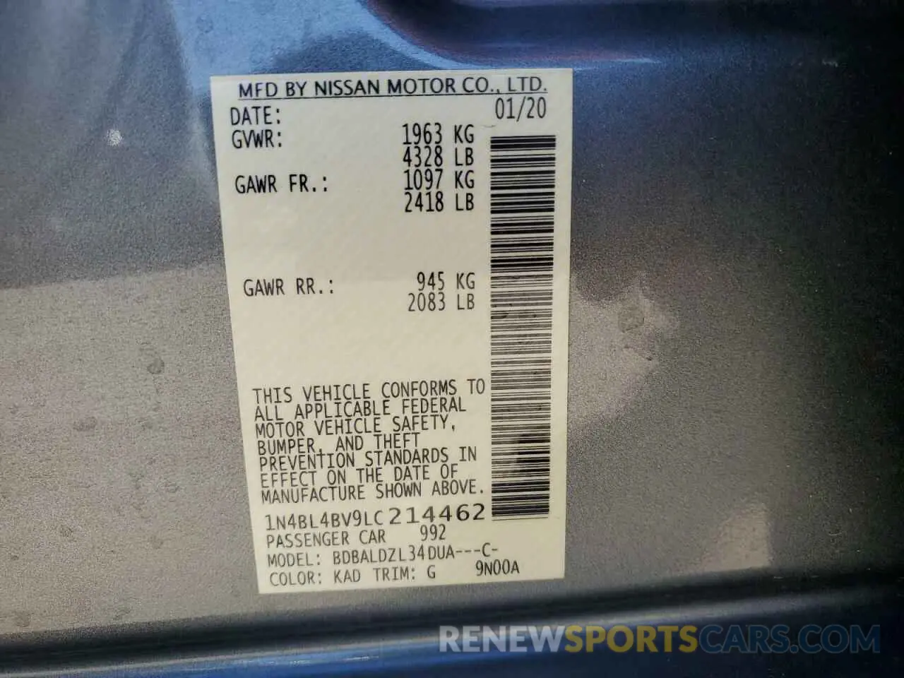 13 Photograph of a damaged car 1N4BL4BV9LC214462 NISSAN ALTIMA 2020