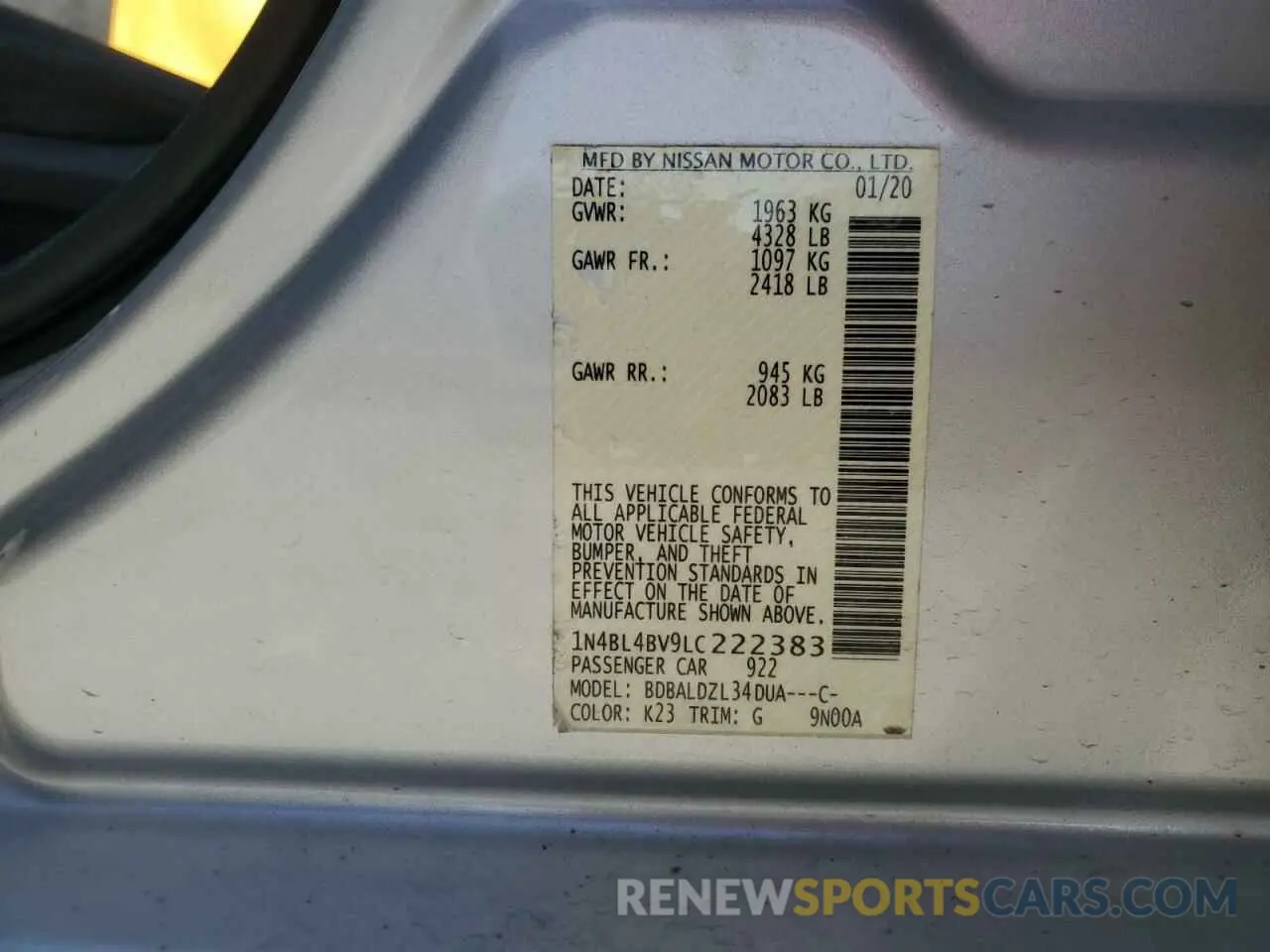 14 Photograph of a damaged car 1N4BL4BV9LC222383 NISSAN ALTIMA 2020