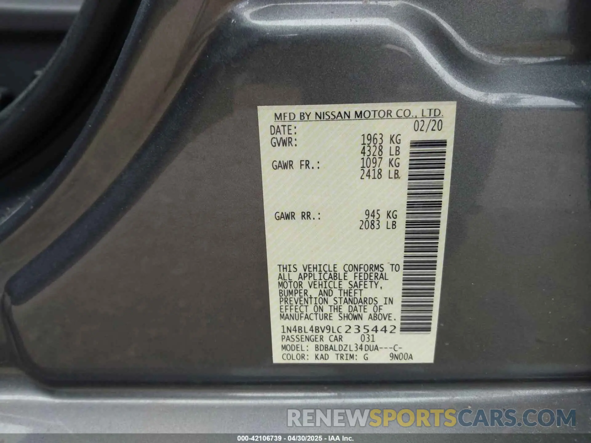 9 Photograph of a damaged car 1N4BL4BV9LC235442 NISSAN ALTIMA 2020