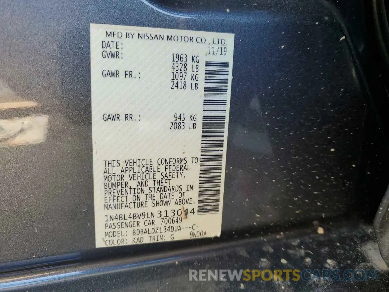 12 Photograph of a damaged car 1N4BL4BV9LN313044 NISSAN ALTIMA 2020