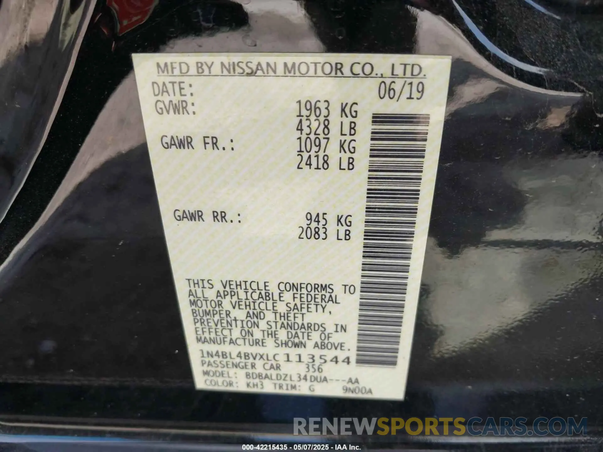 9 Photograph of a damaged car 1N4BL4BVXLC113544 NISSAN ALTIMA 2020