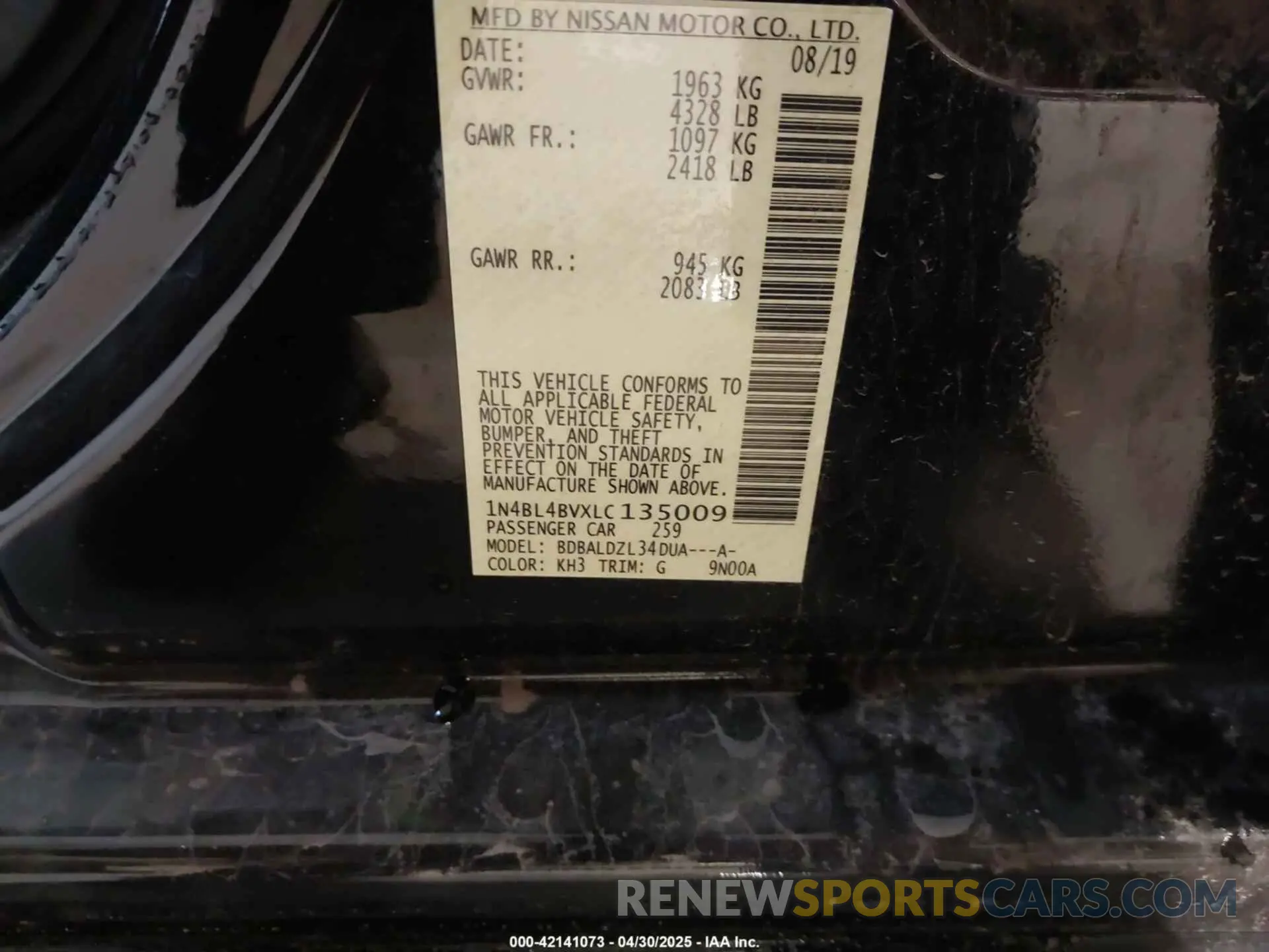 9 Photograph of a damaged car 1N4BL4BVXLC135009 NISSAN ALTIMA 2020
