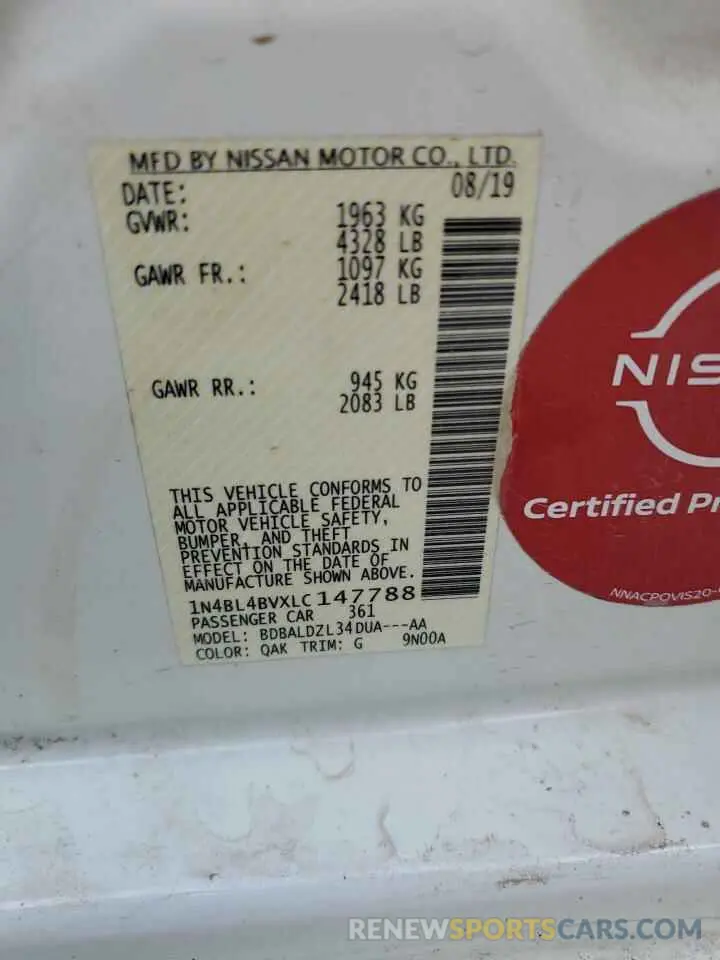 12 Photograph of a damaged car 1N4BL4BVXLC147788 NISSAN ALTIMA 2020