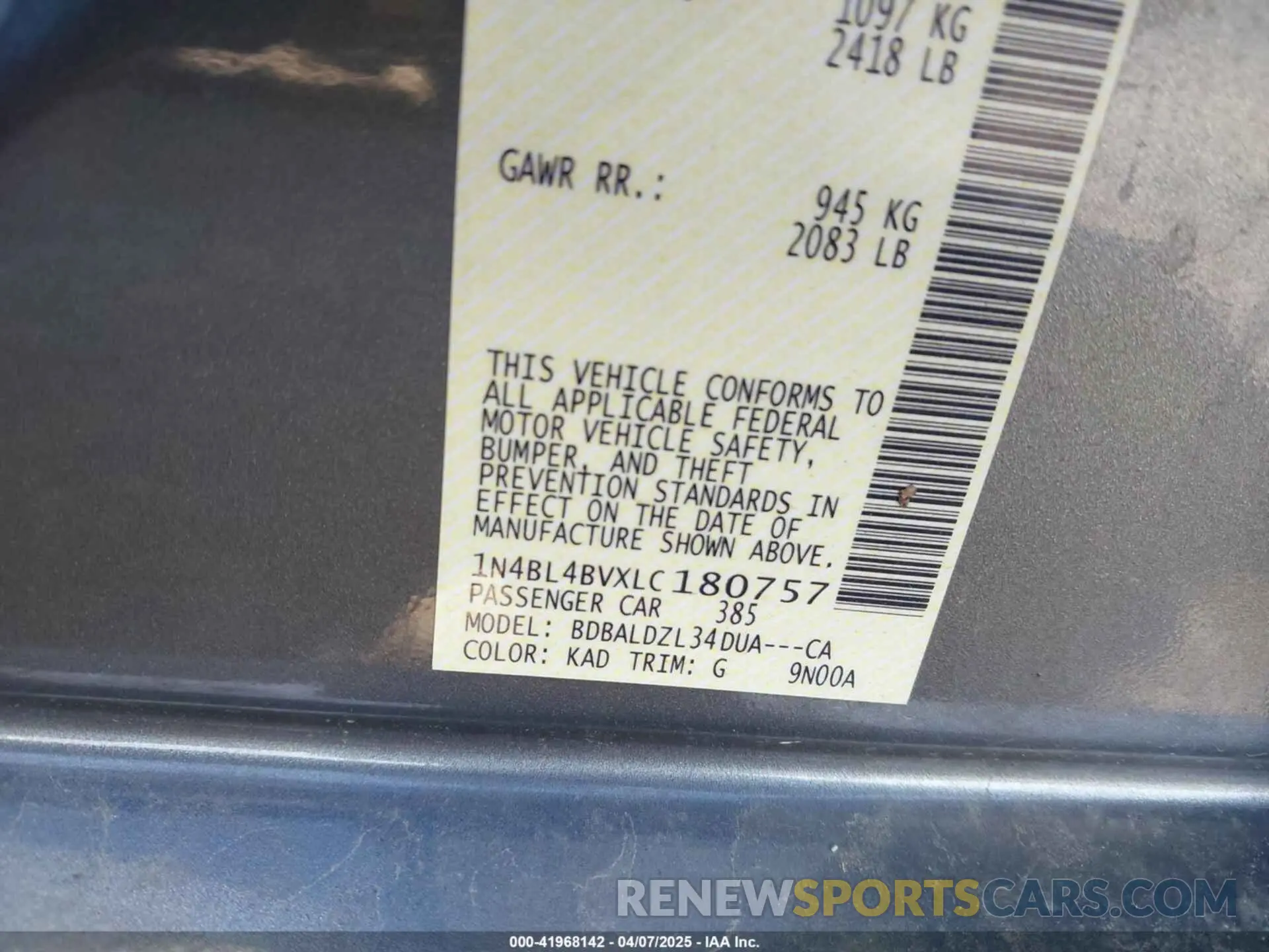 9 Photograph of a damaged car 1N4BL4BVXLC180757 NISSAN ALTIMA 2020