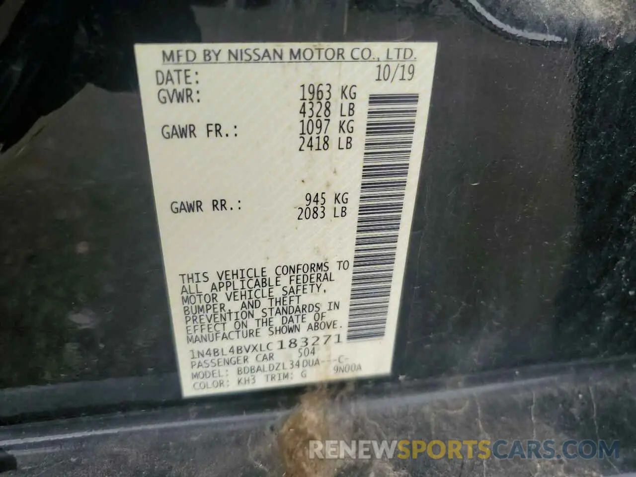 12 Photograph of a damaged car 1N4BL4BVXLC183271 NISSAN ALTIMA 2020