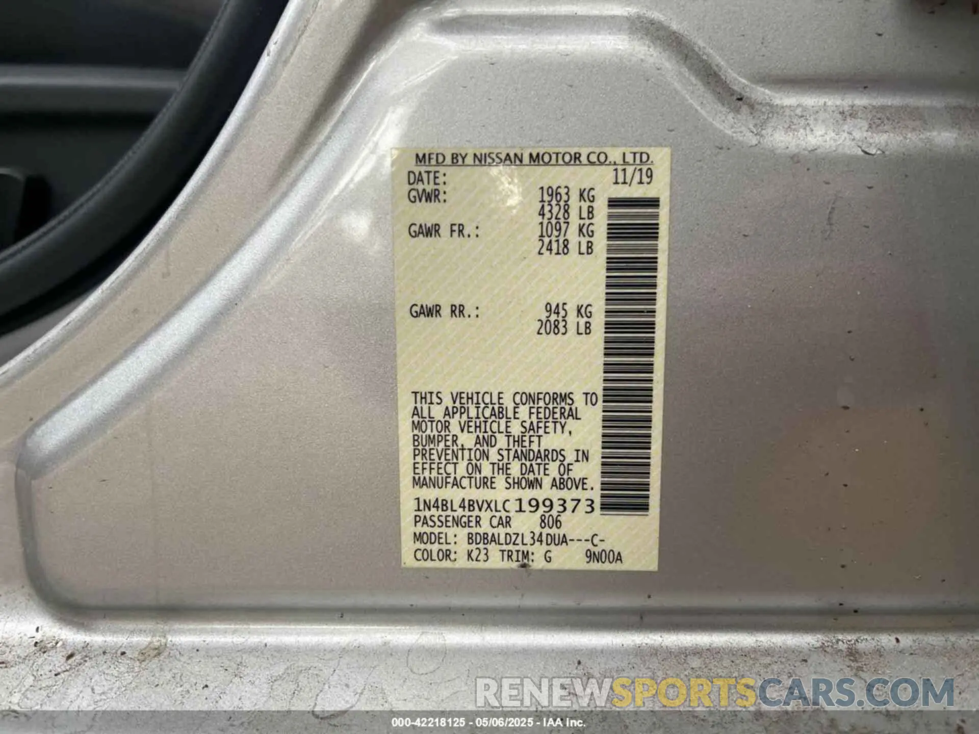 9 Photograph of a damaged car 1N4BL4BVXLC199373 NISSAN ALTIMA 2020
