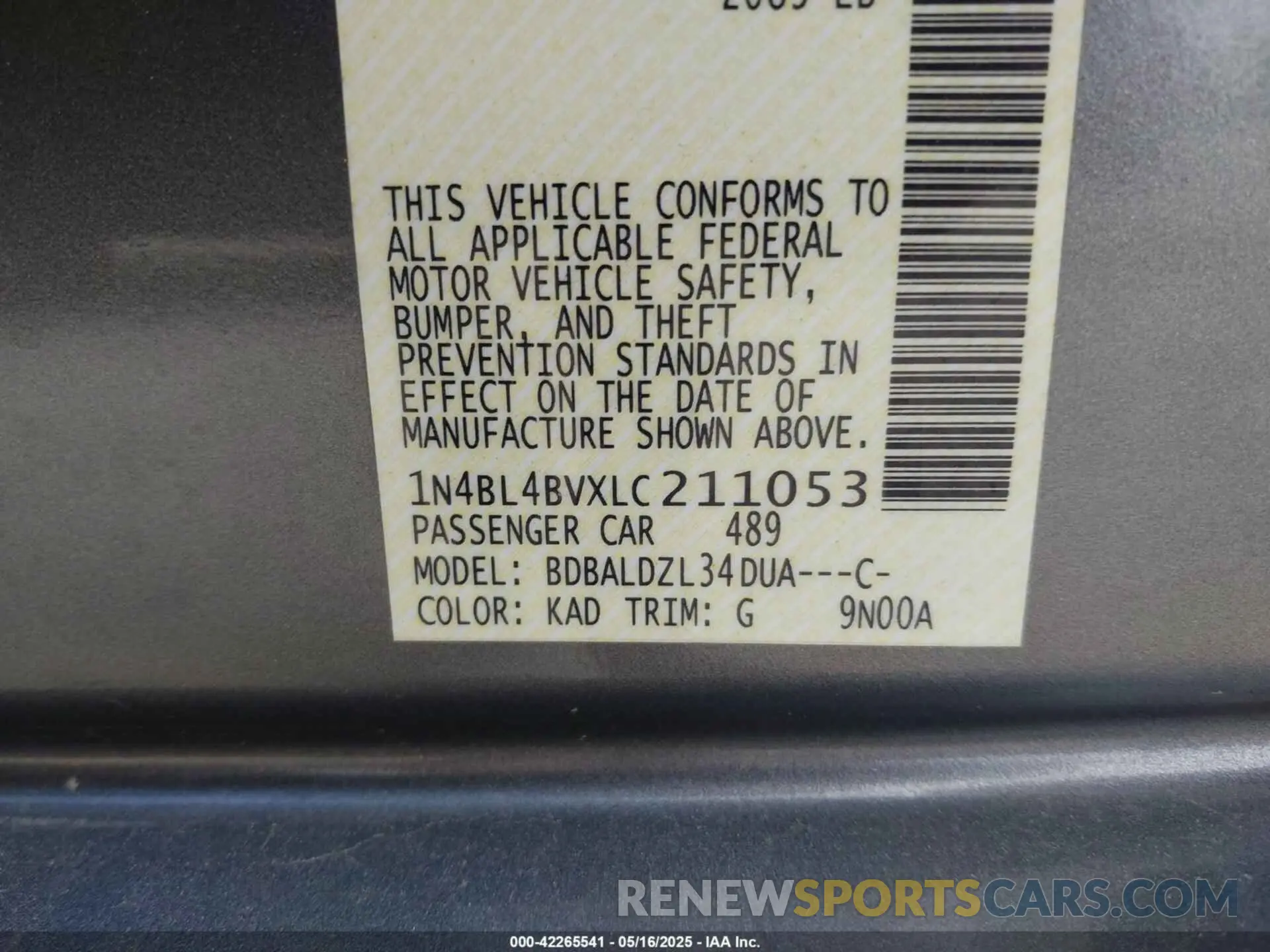 9 Photograph of a damaged car 1N4BL4BVXLC211053 NISSAN ALTIMA 2020