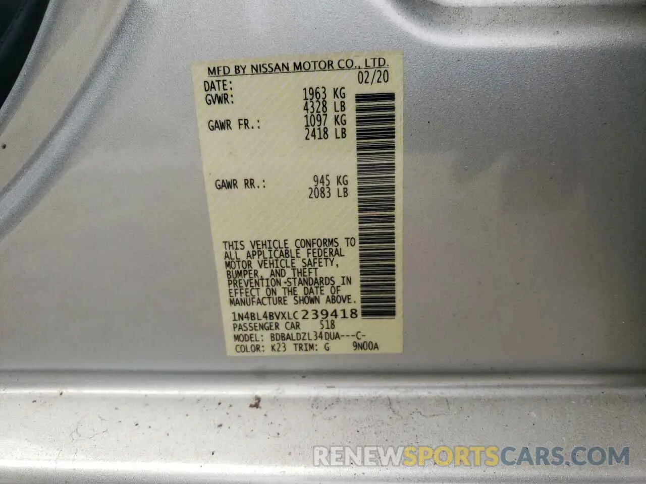 12 Photograph of a damaged car 1N4BL4BVXLC239418 NISSAN ALTIMA 2020