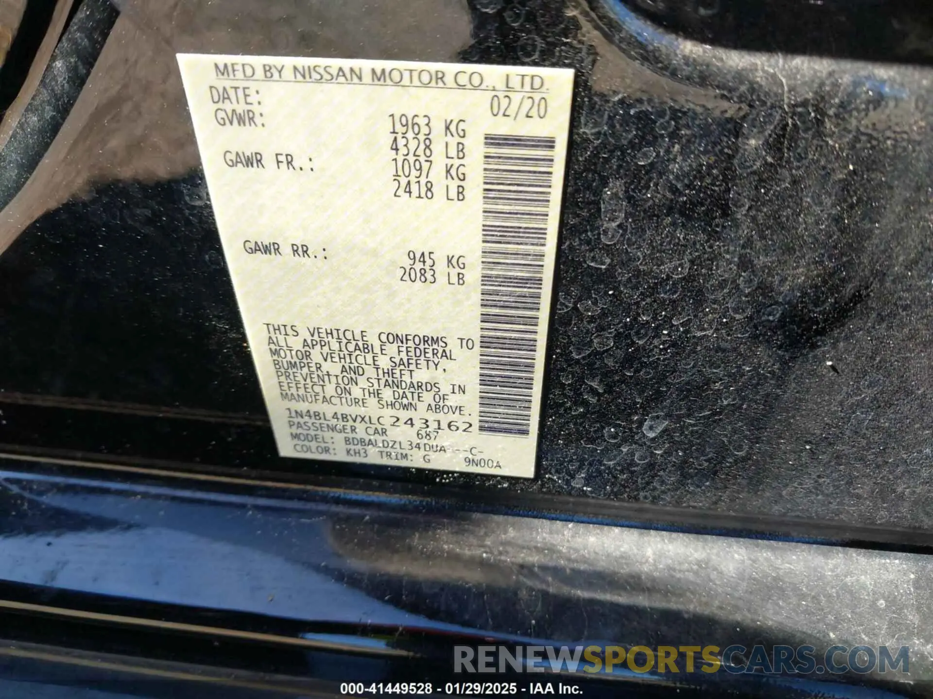 9 Photograph of a damaged car 1N4BL4BVXLC243162 NISSAN ALTIMA 2020