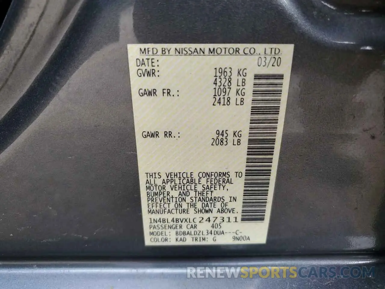 13 Photograph of a damaged car 1N4BL4BVXLC247311 NISSAN ALTIMA 2020