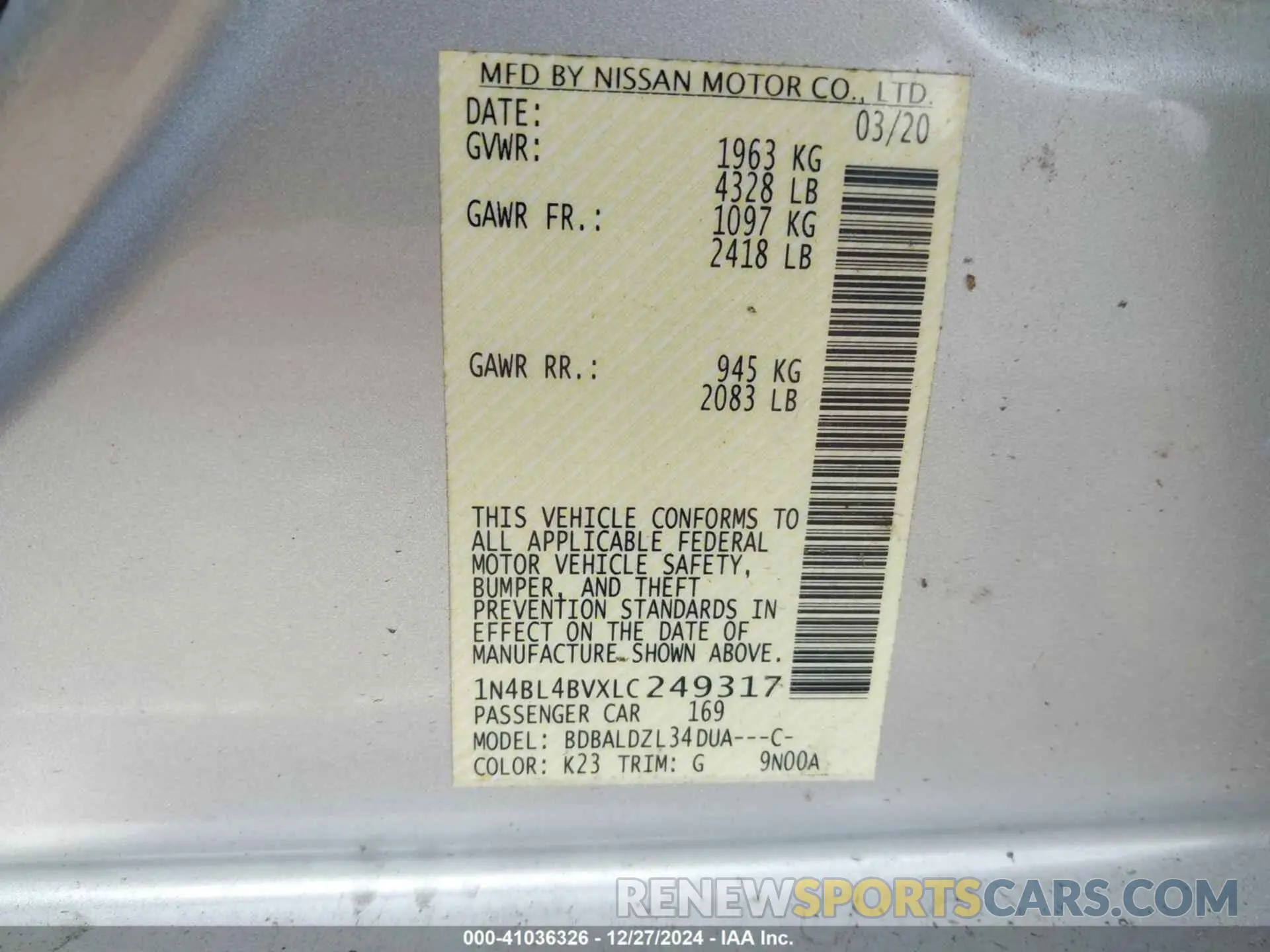 9 Photograph of a damaged car 1N4BL4BVXLC249317 NISSAN ALTIMA 2020