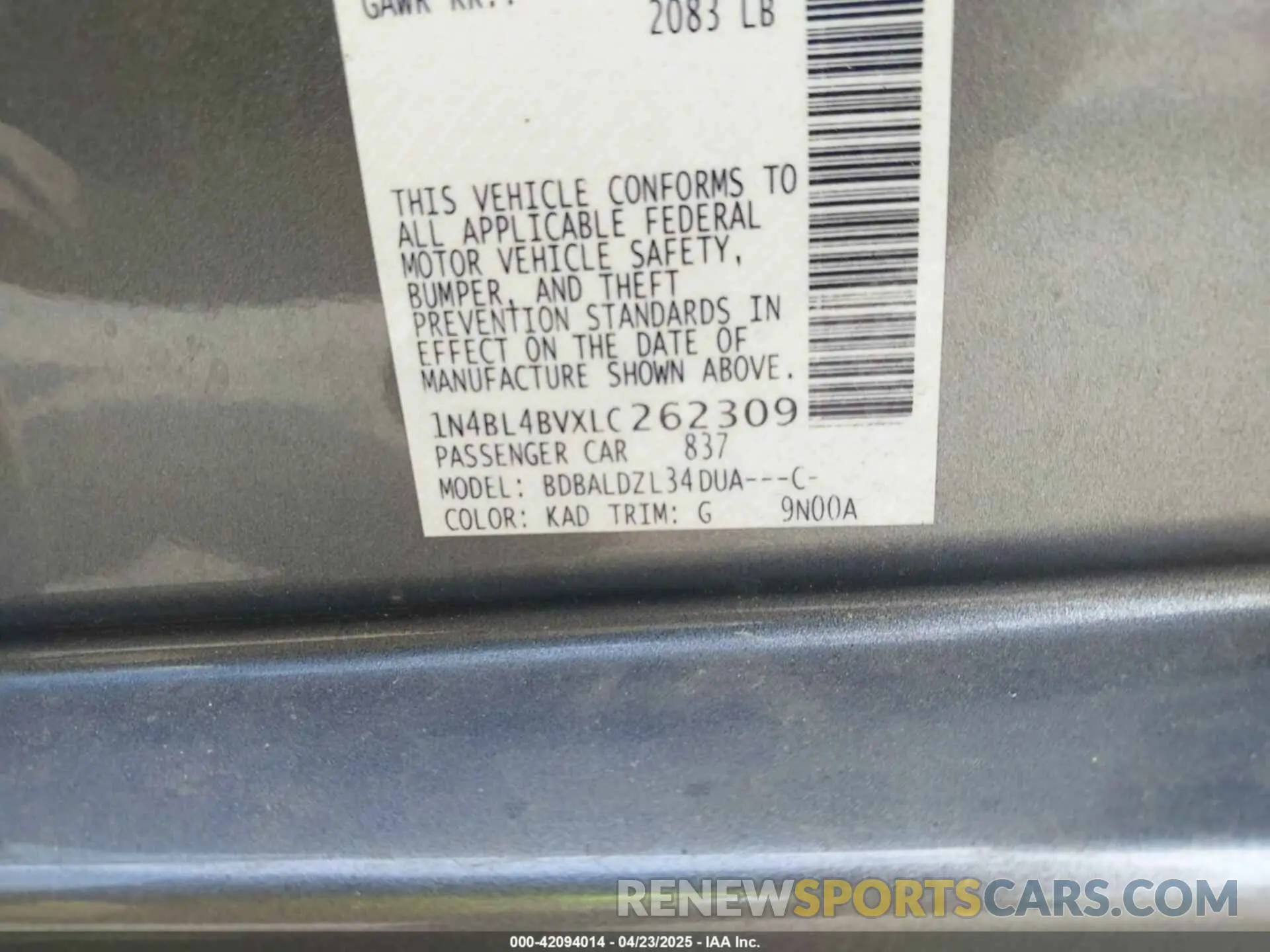9 Photograph of a damaged car 1N4BL4BVXLC262309 NISSAN ALTIMA 2020