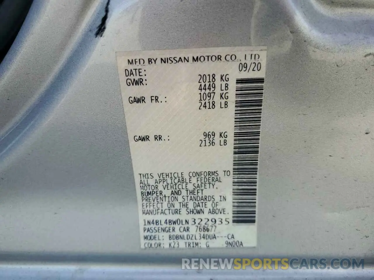 13 Photograph of a damaged car 1N4BL4BW0LN322935 NISSAN ALTIMA 2020