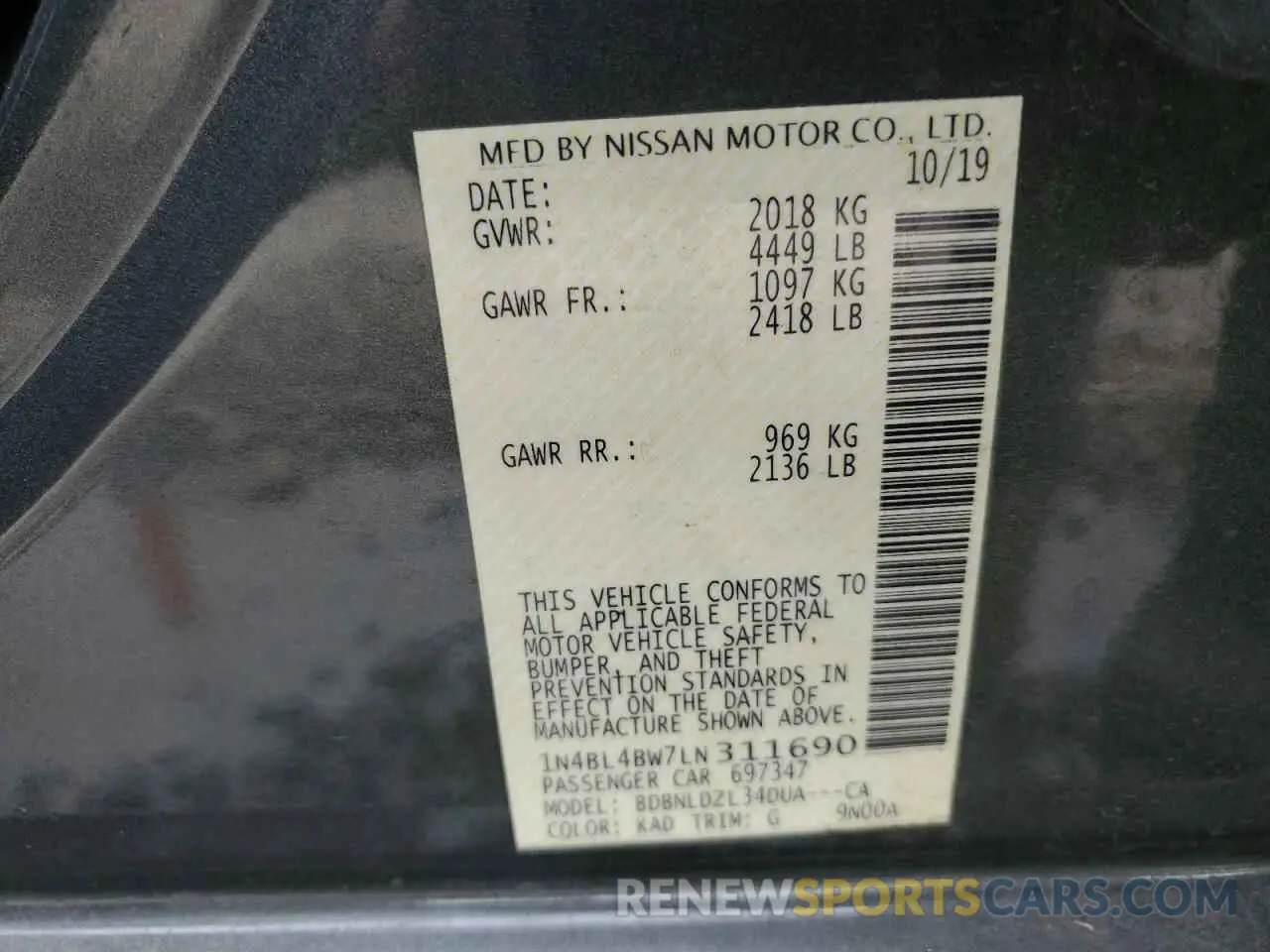 12 Photograph of a damaged car 1N4BL4BW7LN311690 NISSAN ALTIMA 2020
