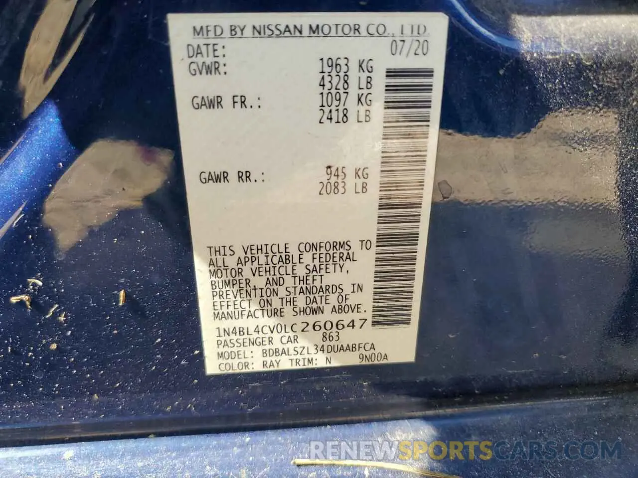 12 Photograph of a damaged car 1N4BL4CV0LC260647 NISSAN ALTIMA 2020