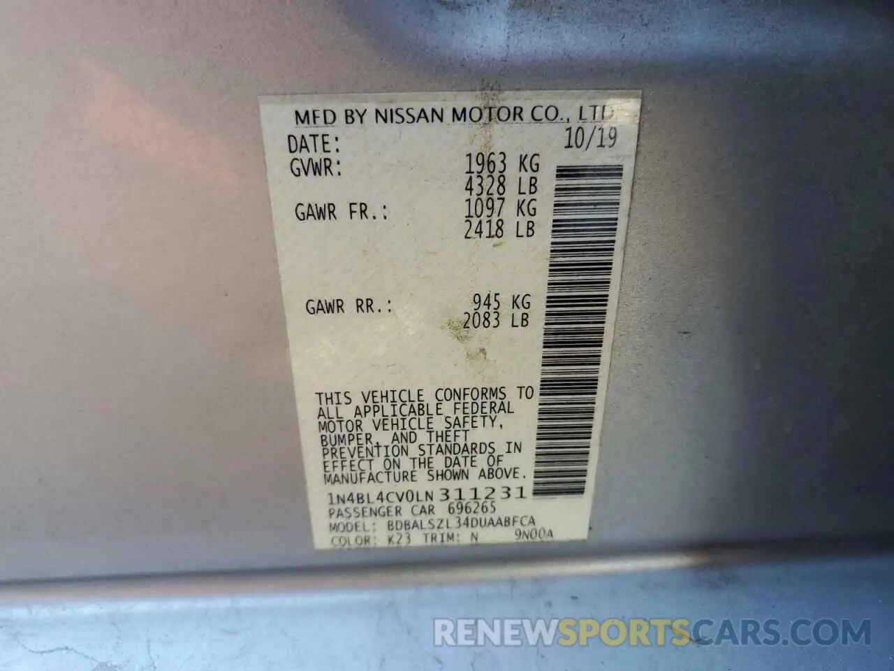 14 Photograph of a damaged car 1N4BL4CV0LN311231 NISSAN ALTIMA 2020