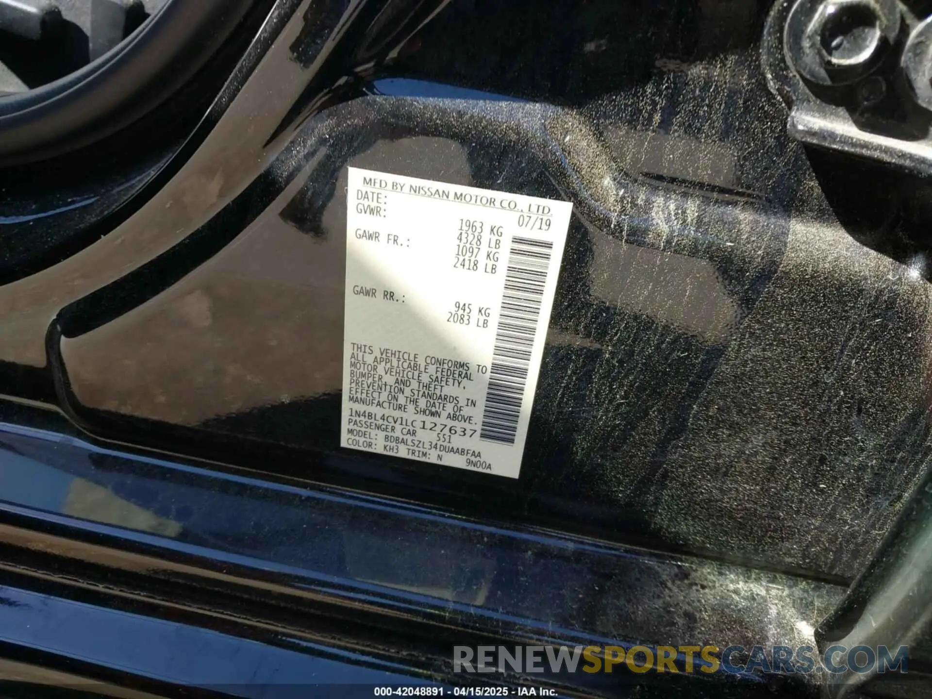9 Photograph of a damaged car 1N4BL4CV1LC127637 NISSAN ALTIMA 2020