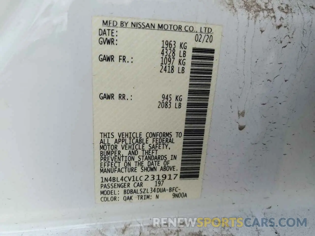 12 Photograph of a damaged car 1N4BL4CV1LC231917 NISSAN ALTIMA 2020
