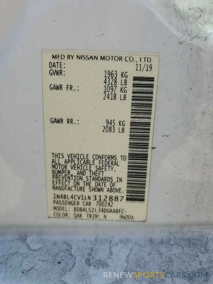 12 Photograph of a damaged car 1N4BL4CV1LN312887 NISSAN ALTIMA 2020