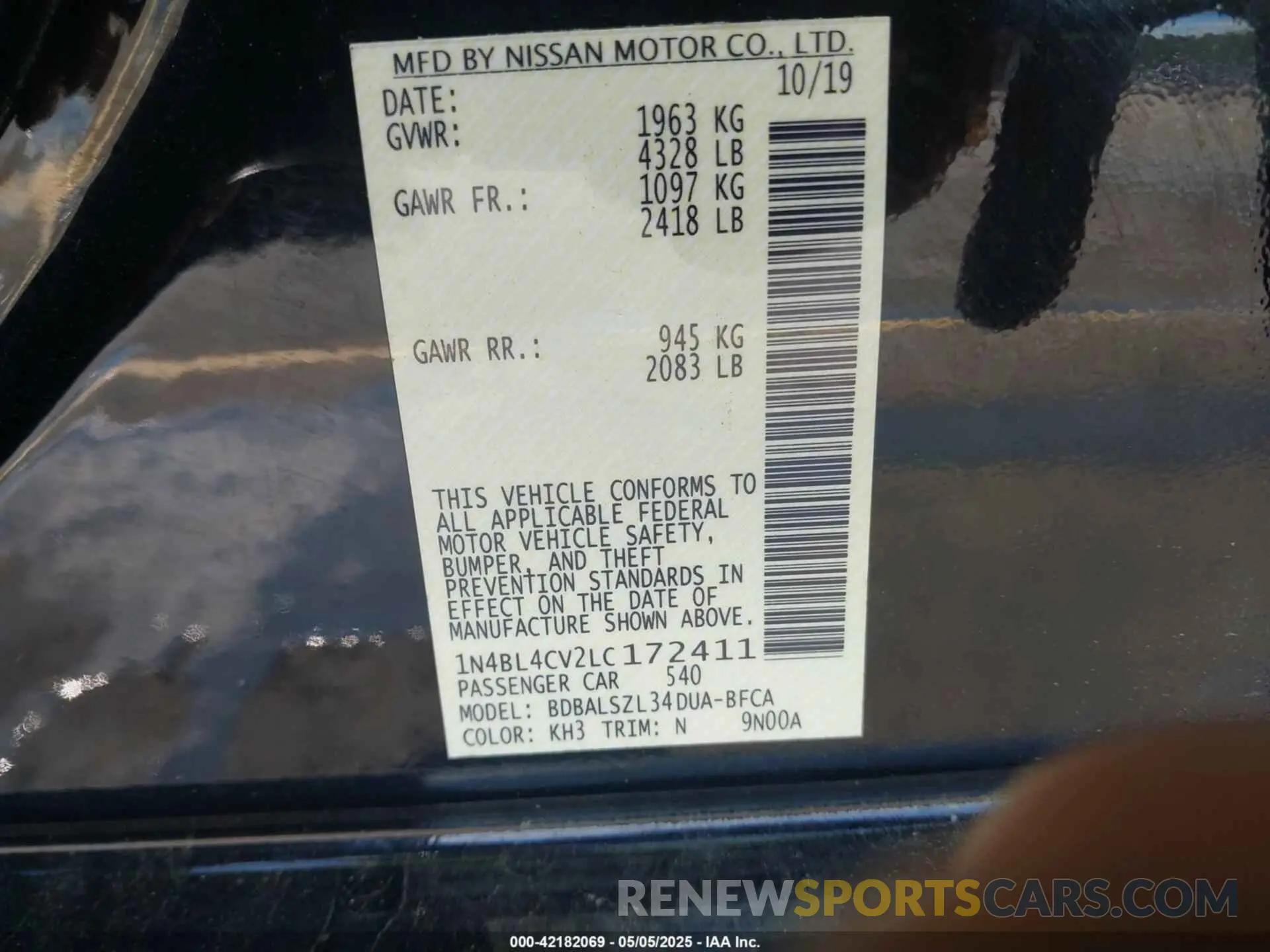 9 Photograph of a damaged car 1N4BL4CV2LC172411 NISSAN ALTIMA 2020