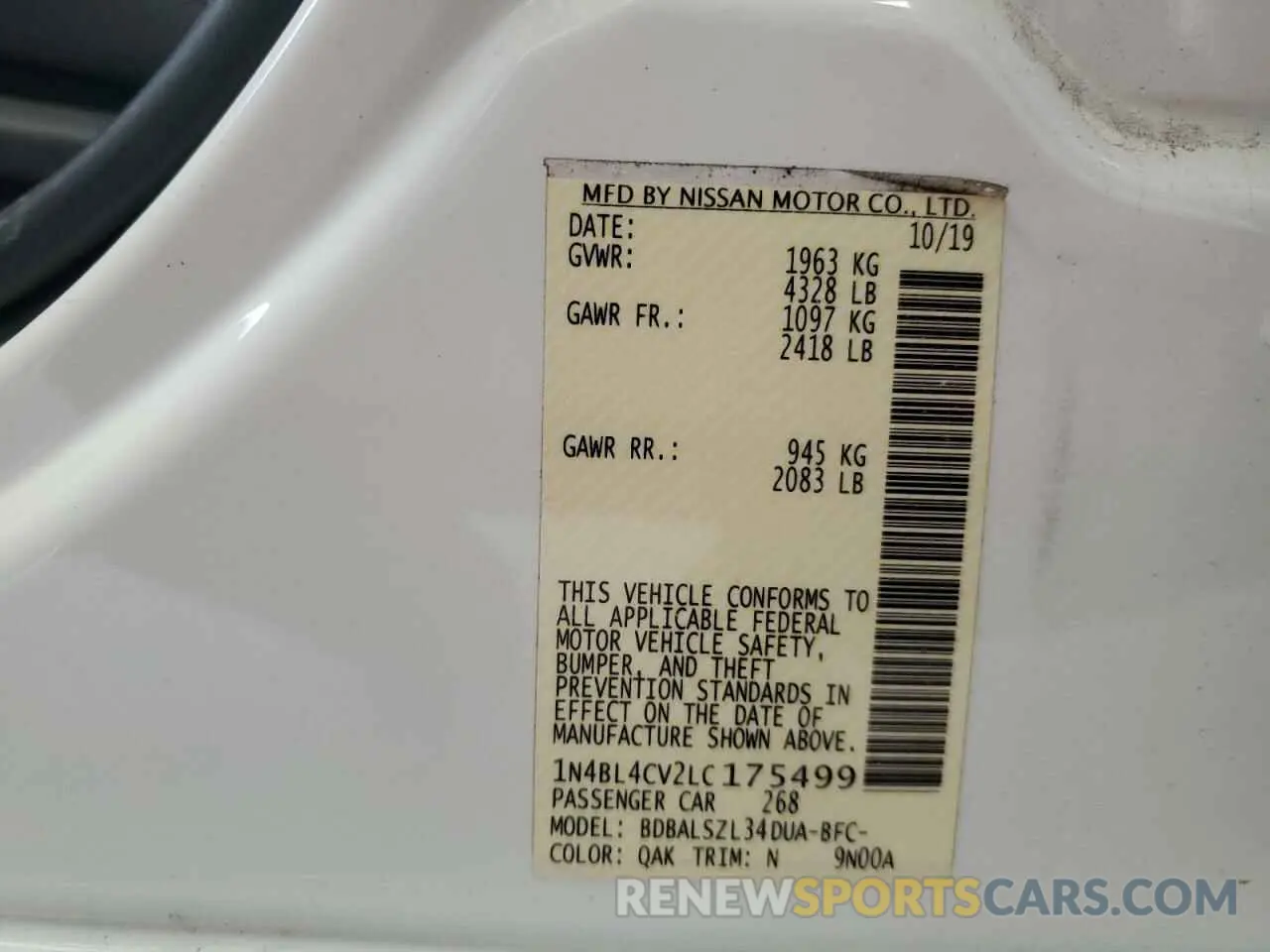 12 Photograph of a damaged car 1N4BL4CV2LC175499 NISSAN ALTIMA 2020