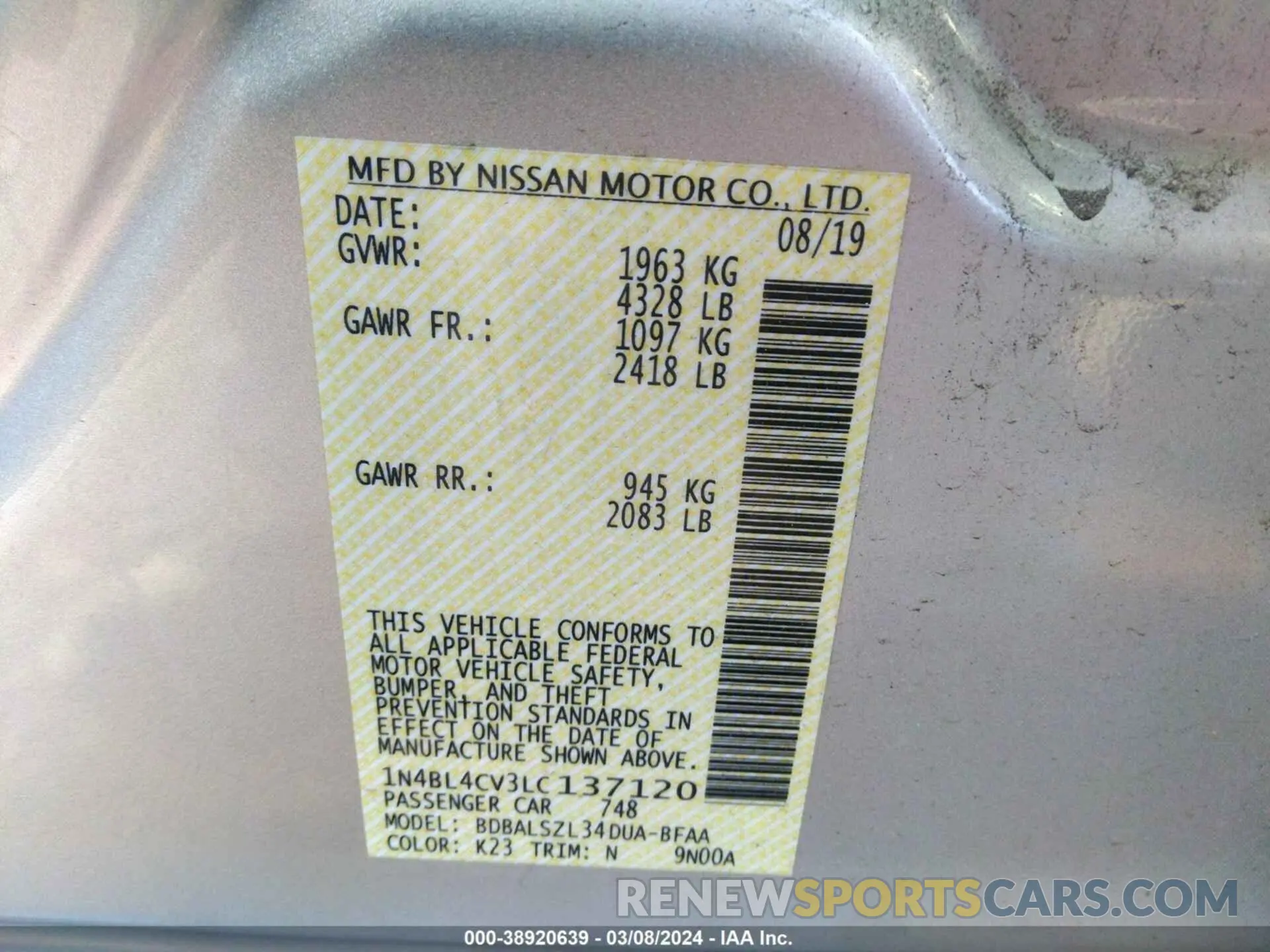 9 Photograph of a damaged car 1N4BL4CV3LC137120 NISSAN ALTIMA 2020